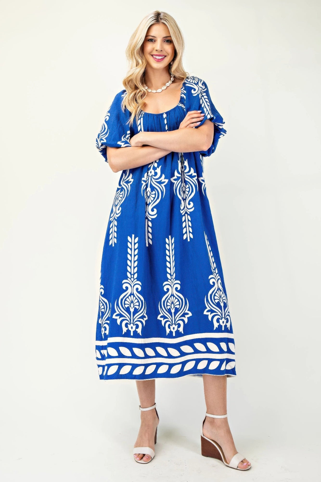 Printed Midi Dress With Short Puff Sleeves - Tigbul's Variety Fashion Shop