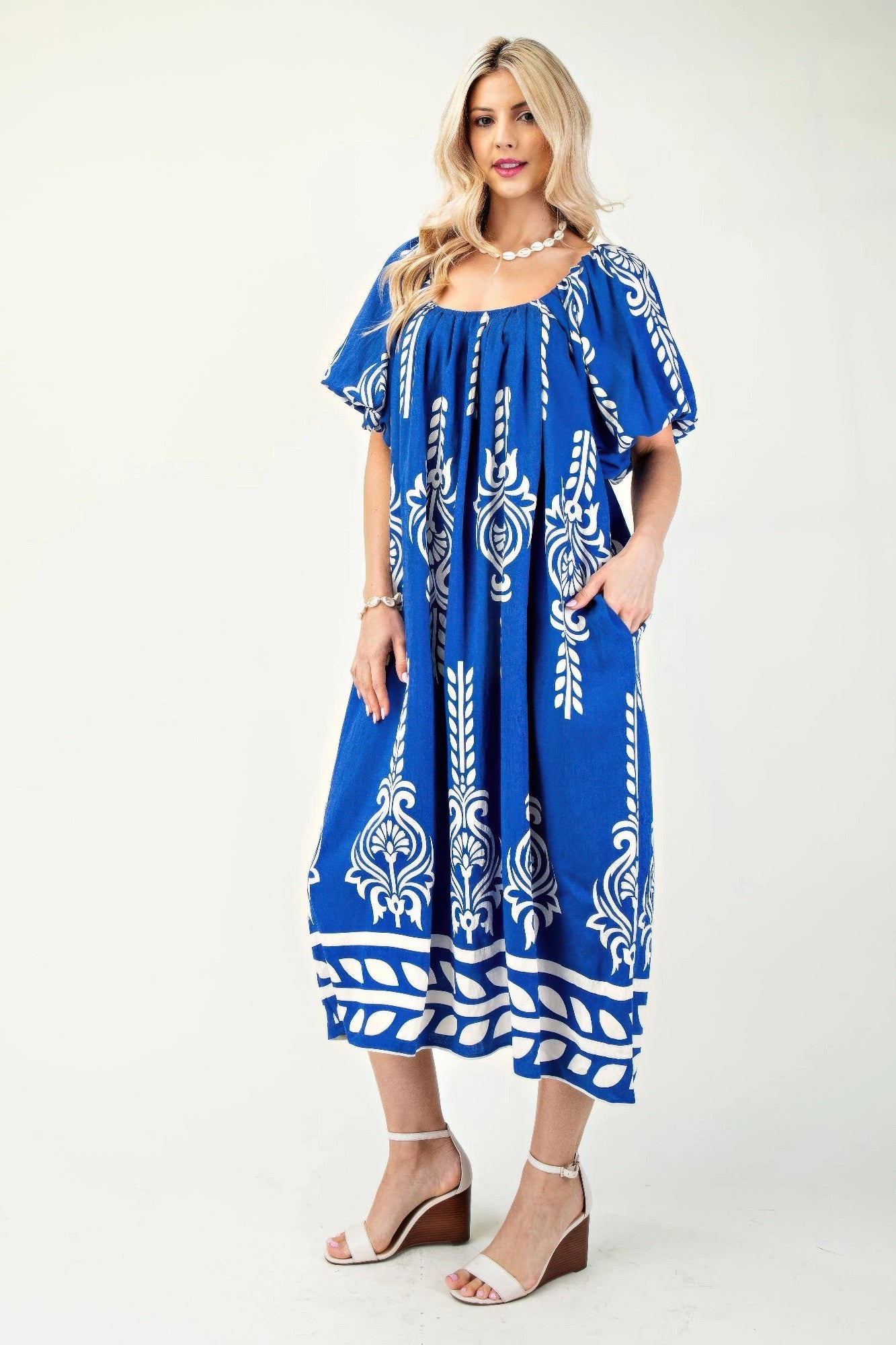 Printed Midi Dress With Short Puff Sleeves - Tigbul's Variety Fashion Shop