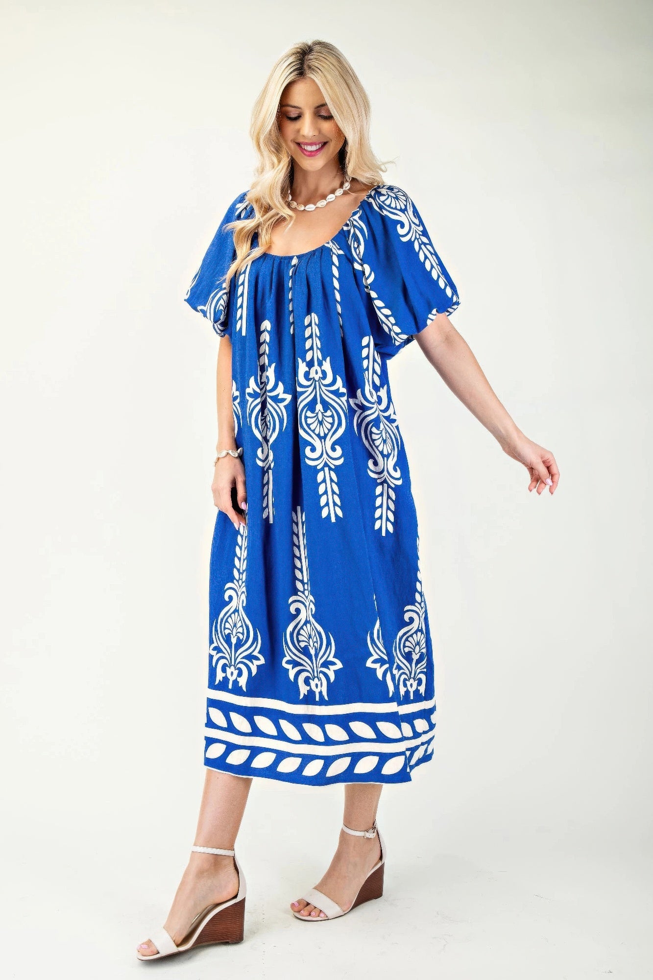Printed Midi Dress With Short Puff Sleeves - Tigbul's Variety Fashion Shop