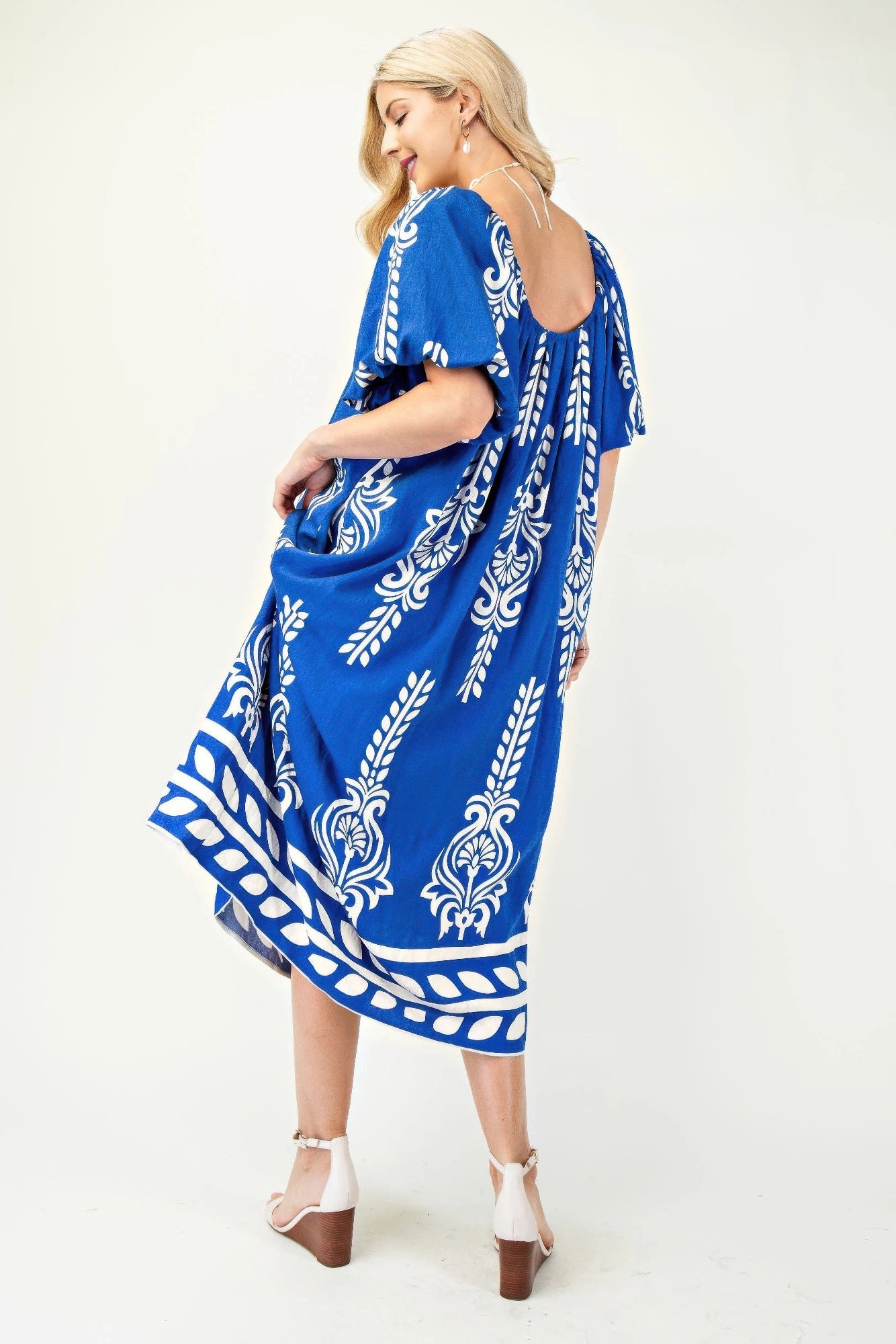 Printed Midi Dress With Short Puff Sleeves - Tigbul's Variety Fashion Shop