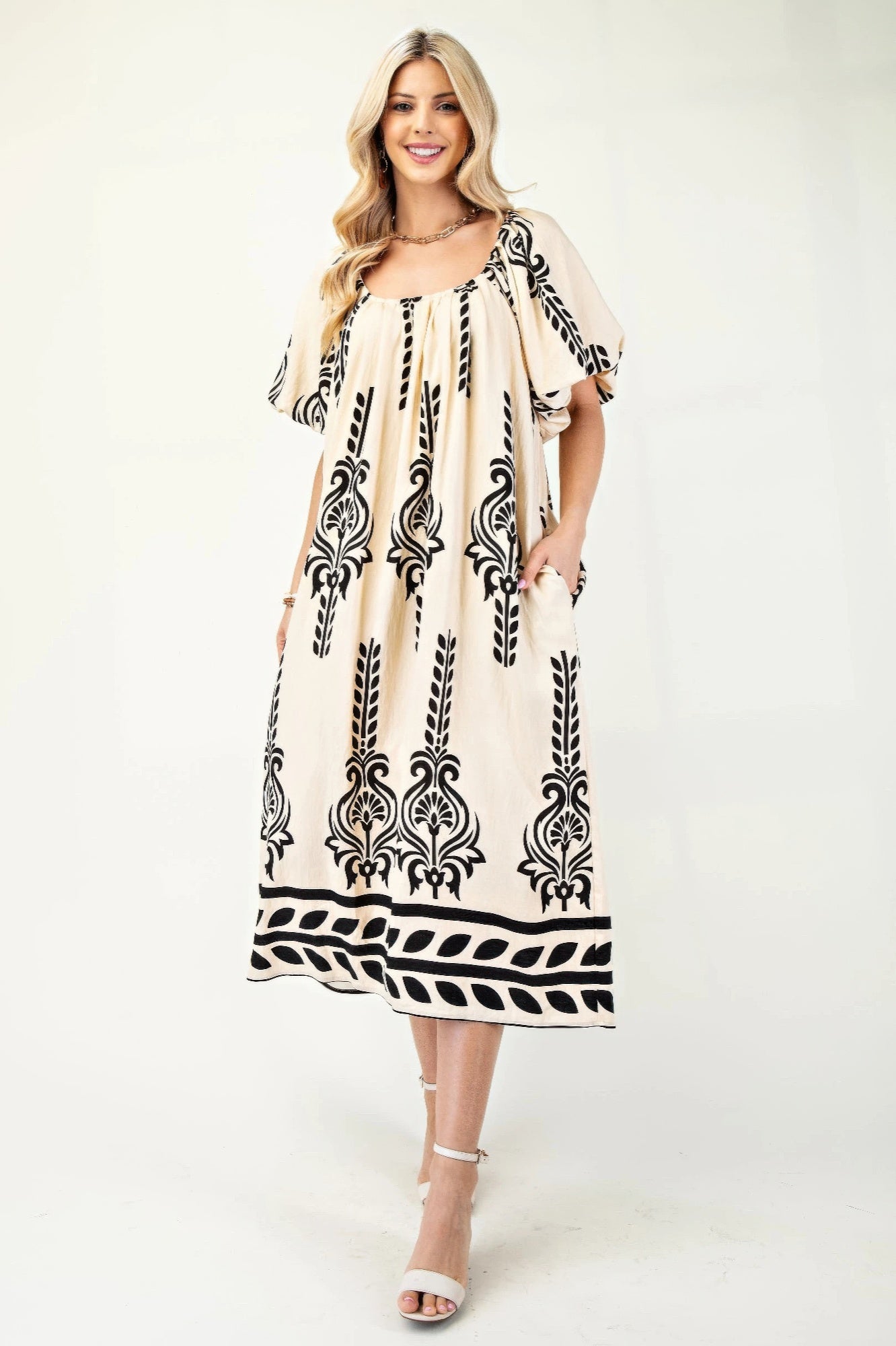 Printed Midi Dress With Short Puff Sleeves - Tigbul's Variety Fashion Shop