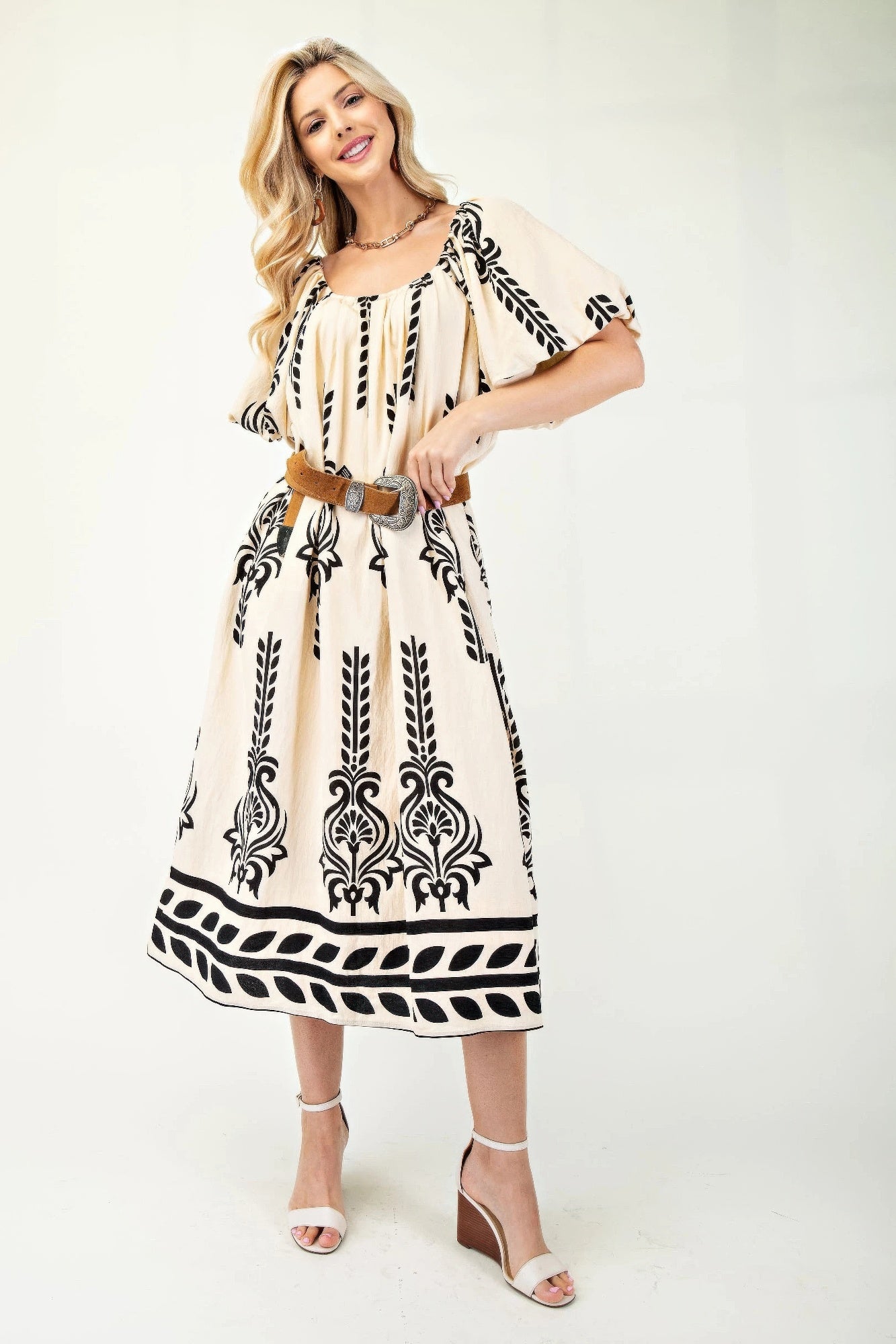 Printed Midi Dress With Short Puff Sleeves - Tigbul's Variety Fashion Shop