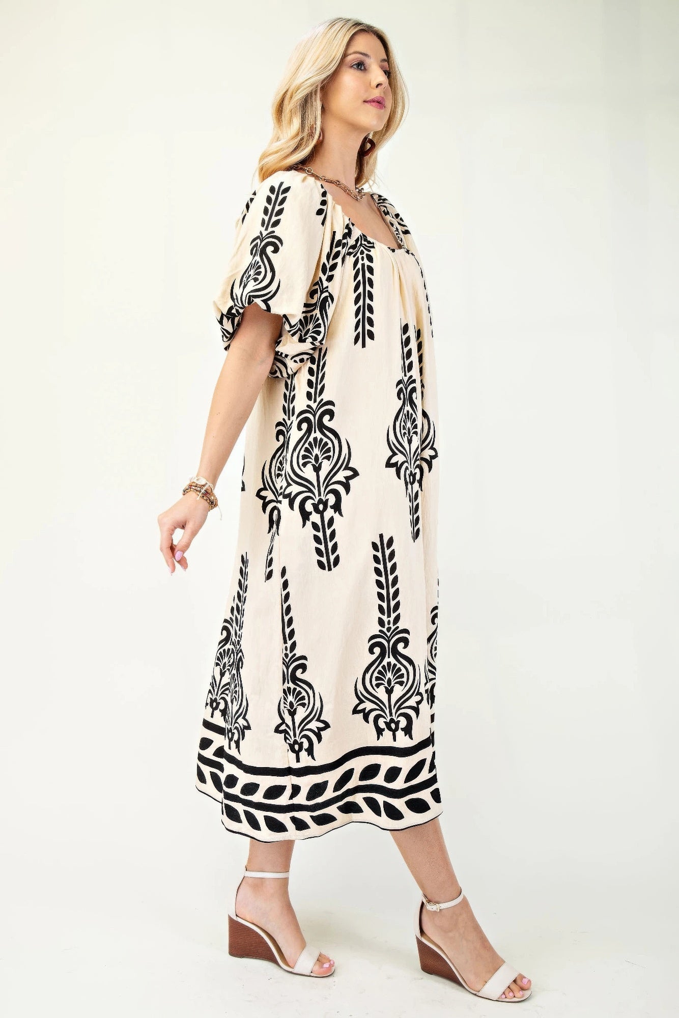 Printed Midi Dress With Short Puff Sleeves - Tigbul's Variety Fashion Shop