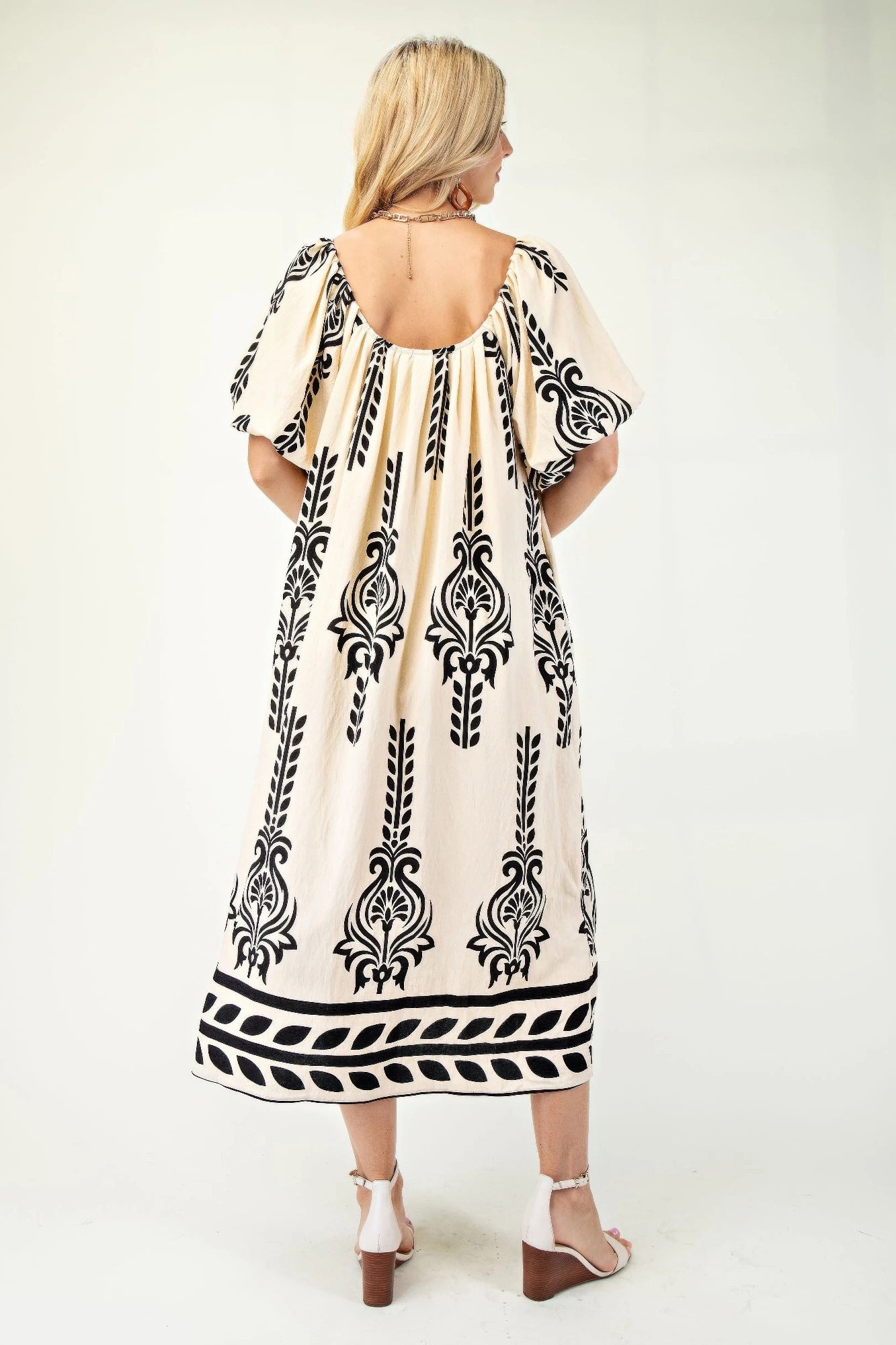Printed Midi Dress With Short Puff Sleeves - Tigbul's Variety Fashion Shop
