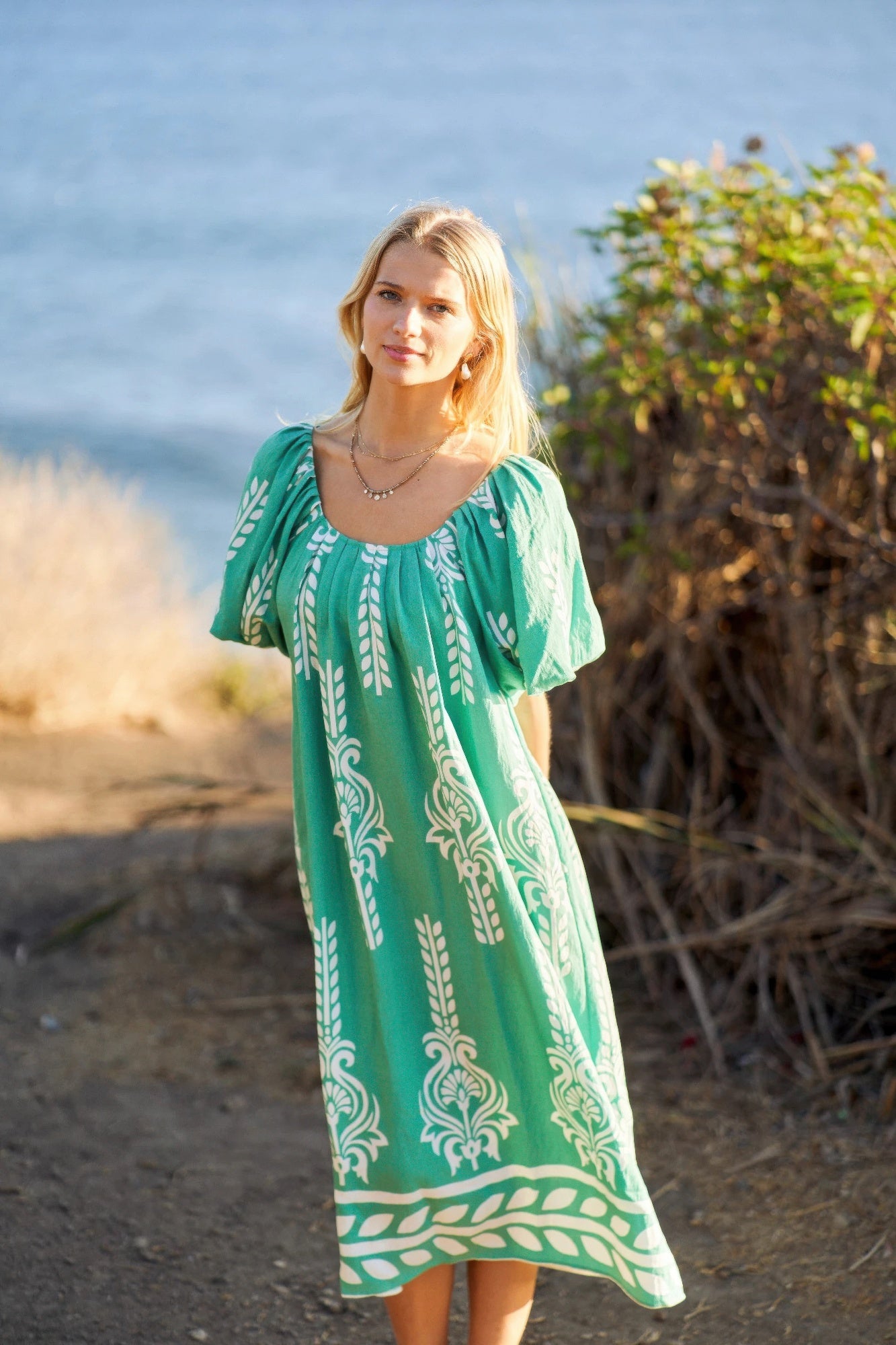 Printed Midi Dress With Short Puff Sleeves - Tigbul's Variety Fashion Shop