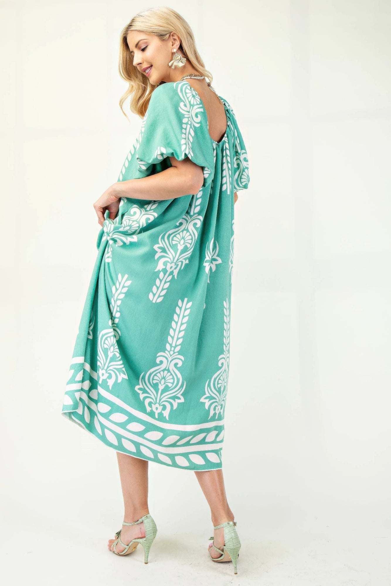 Printed Midi Dress With Short Puff Sleeves - Tigbul's Variety Fashion Shop