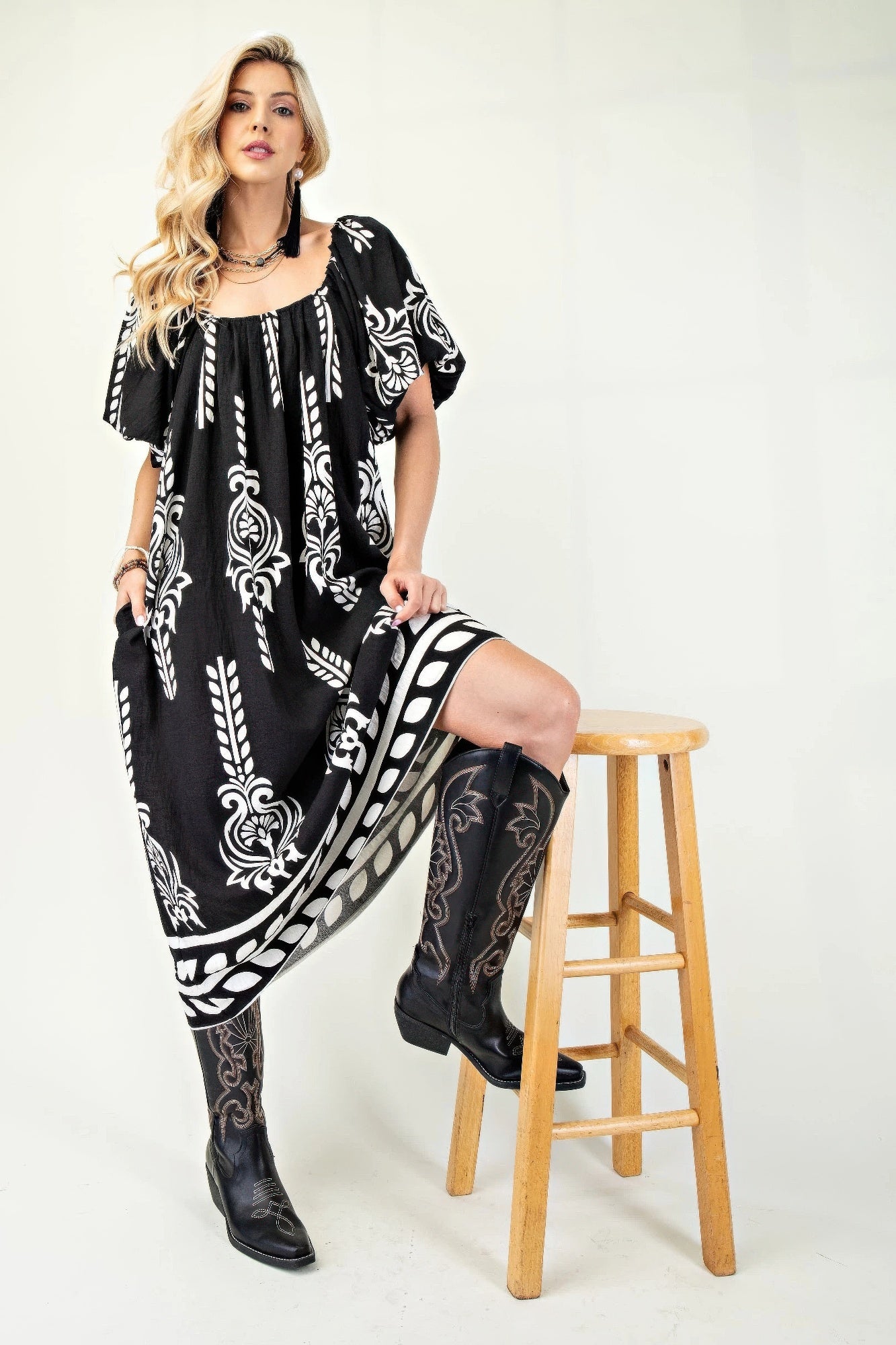 Printed Midi Dress With Short Puff Sleeves - Tigbul's Variety Fashion Shop