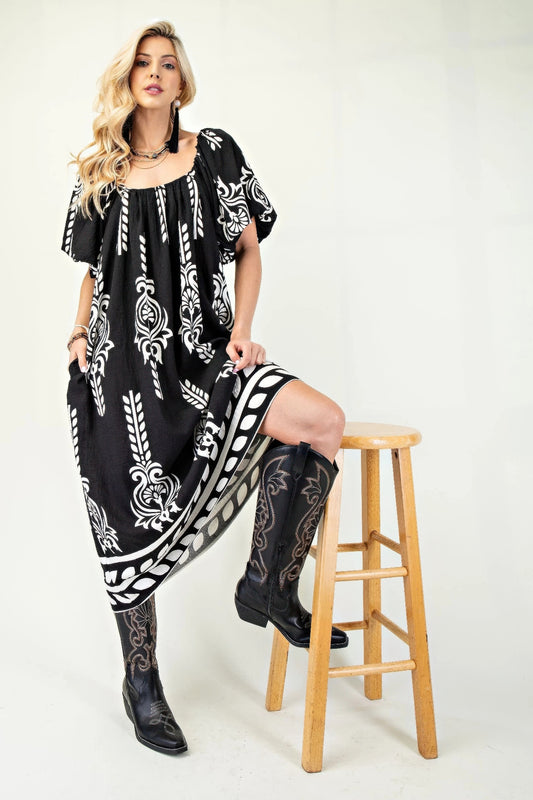 Printed Midi Dress With Short Puff Sleeves - Tigbul's Variety Fashion Shop