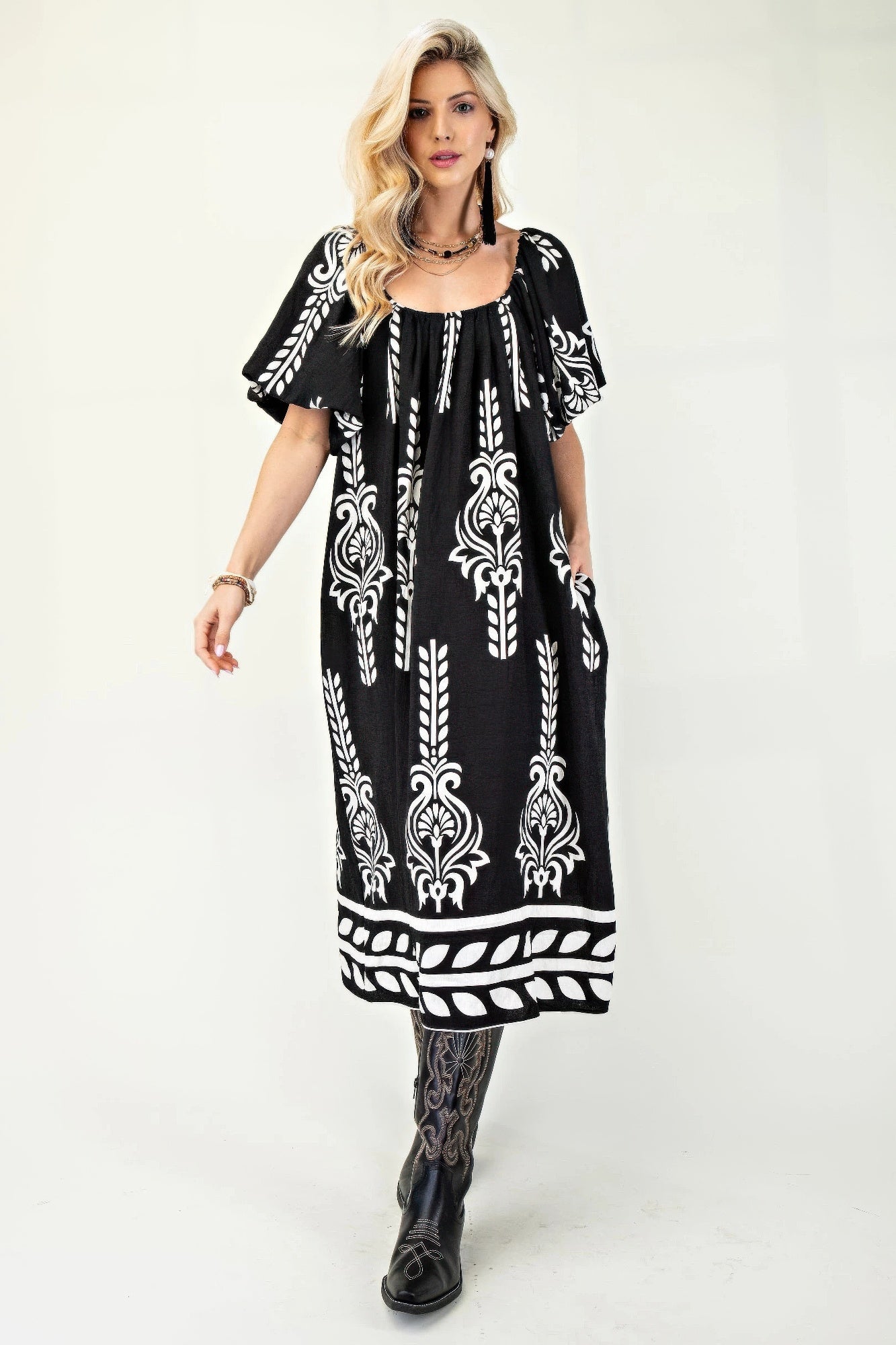 Printed Midi Dress With Short Puff Sleeves - Tigbul's Variety Fashion Shop