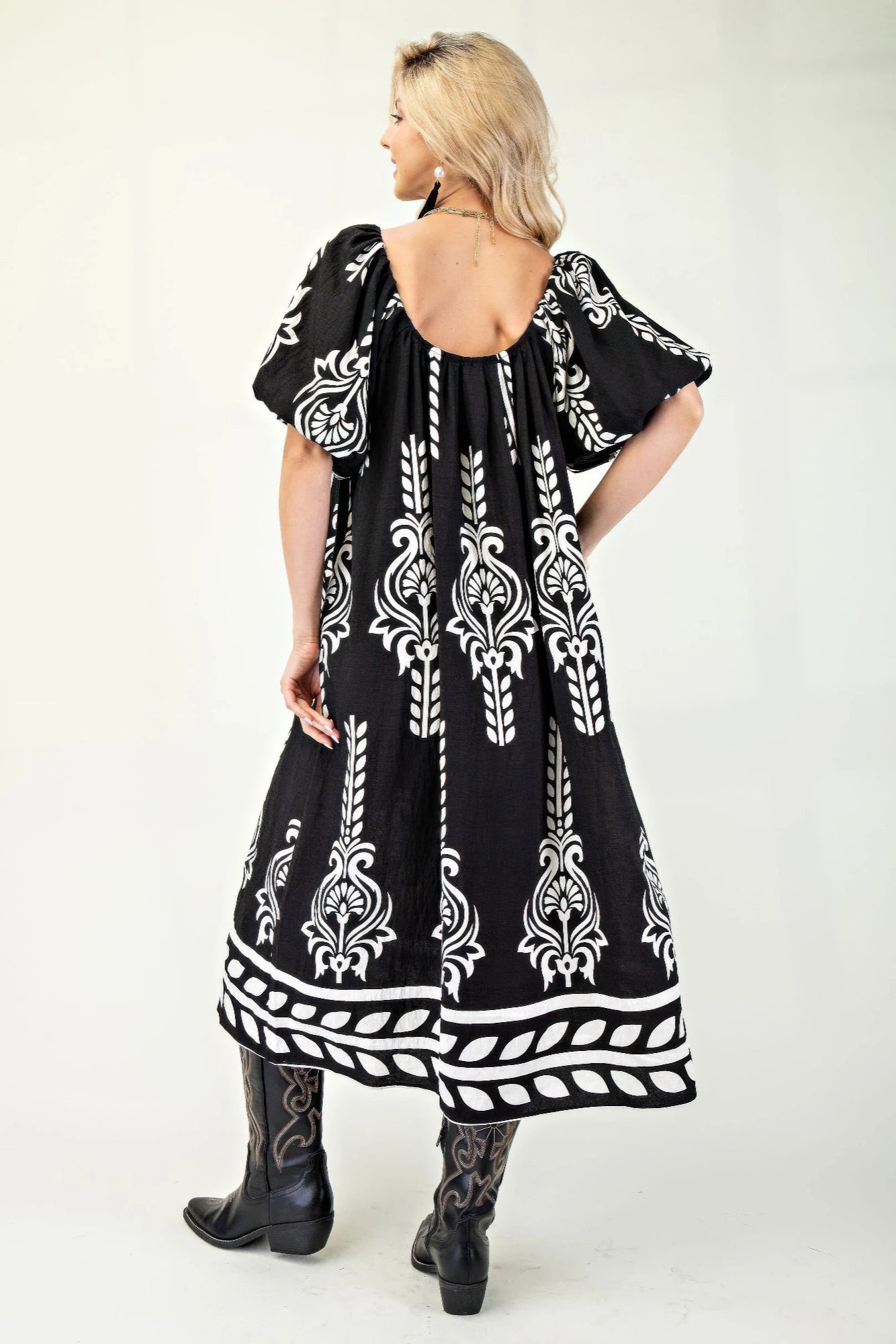 Printed Midi Dress With Short Puff Sleeves - Tigbul's Variety Fashion Shop