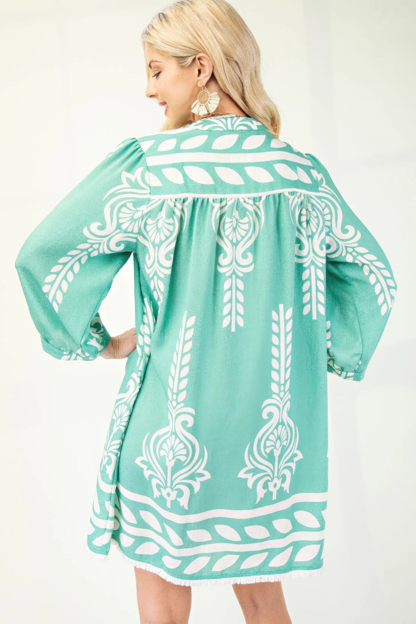 Printed 3/4 Sleeve Dress With Tassel Tie And Fringe Detail On Hem - Tigbul's Variety Fashion Shop