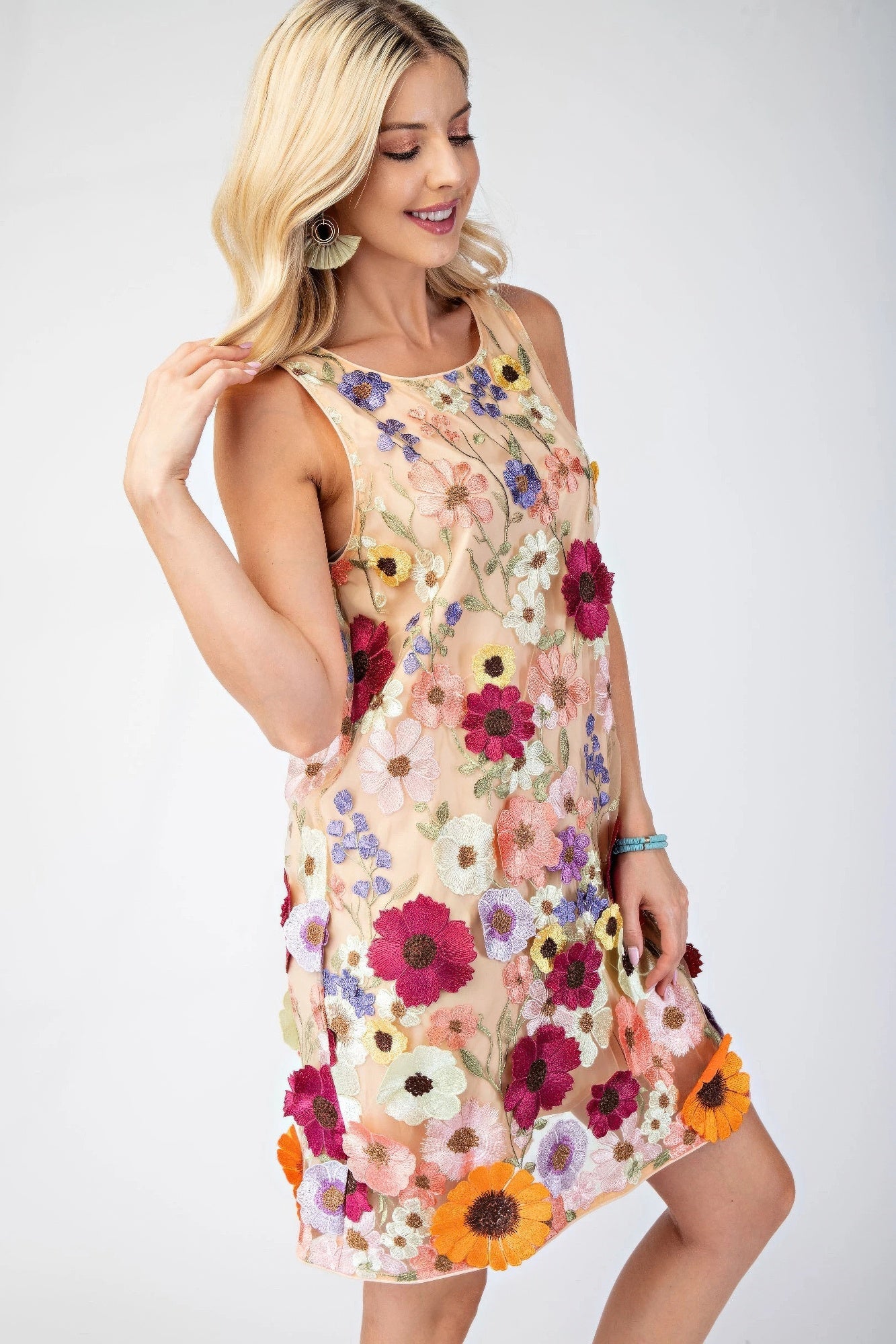 3d Floral Embroidered Sleeveless Mini Dress - Tigbul's Variety Fashion Shop