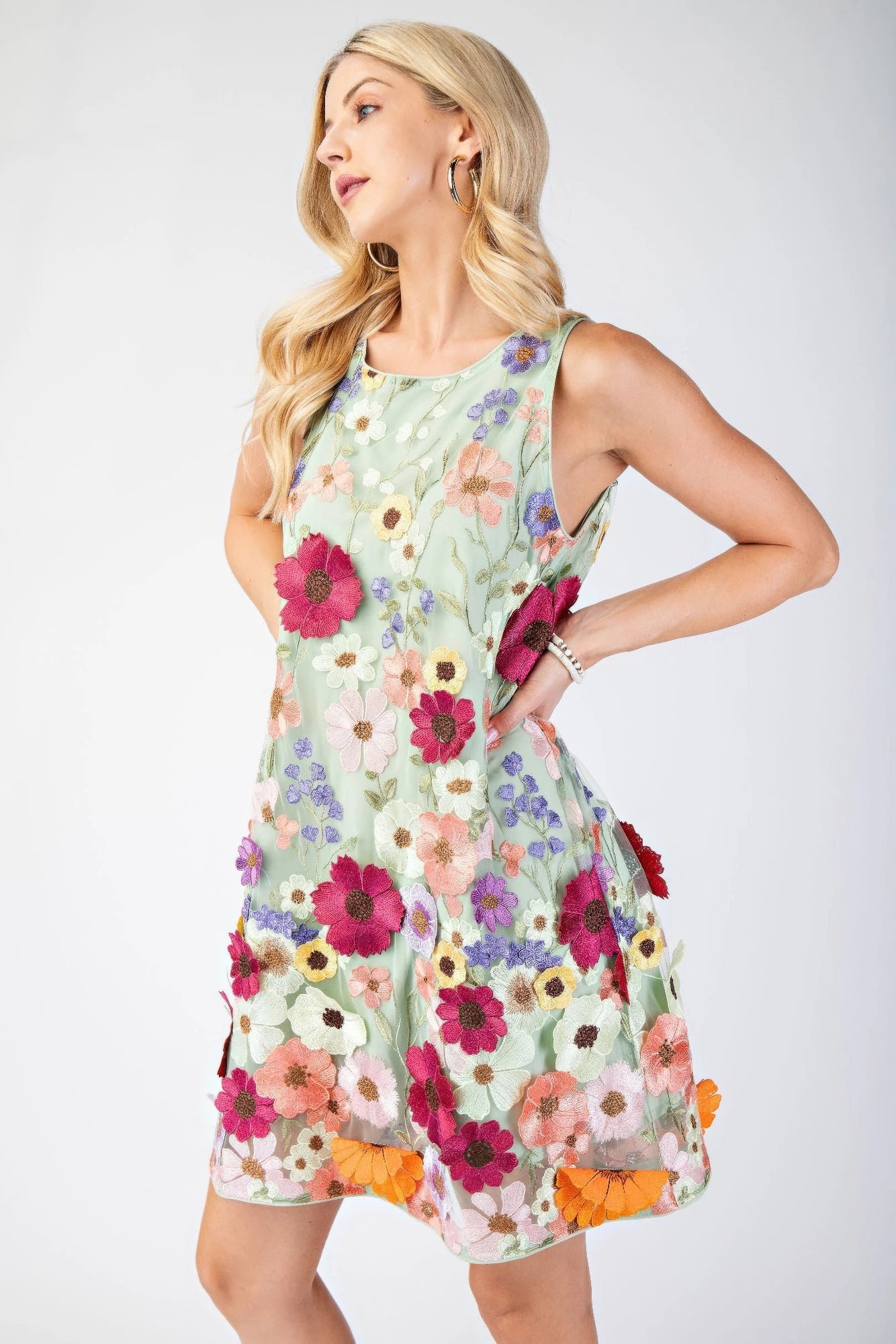 3d Floral Embroidered Sleeveless Mini Dress - Tigbul's Variety Fashion Shop