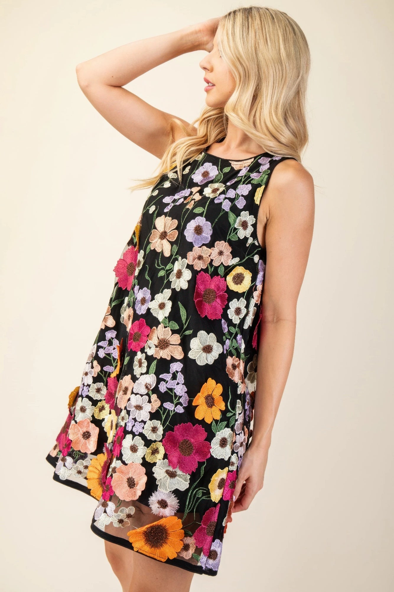 3d Floral Embroidered Sleeveless Mini Dress - Tigbul's Variety Fashion Shop