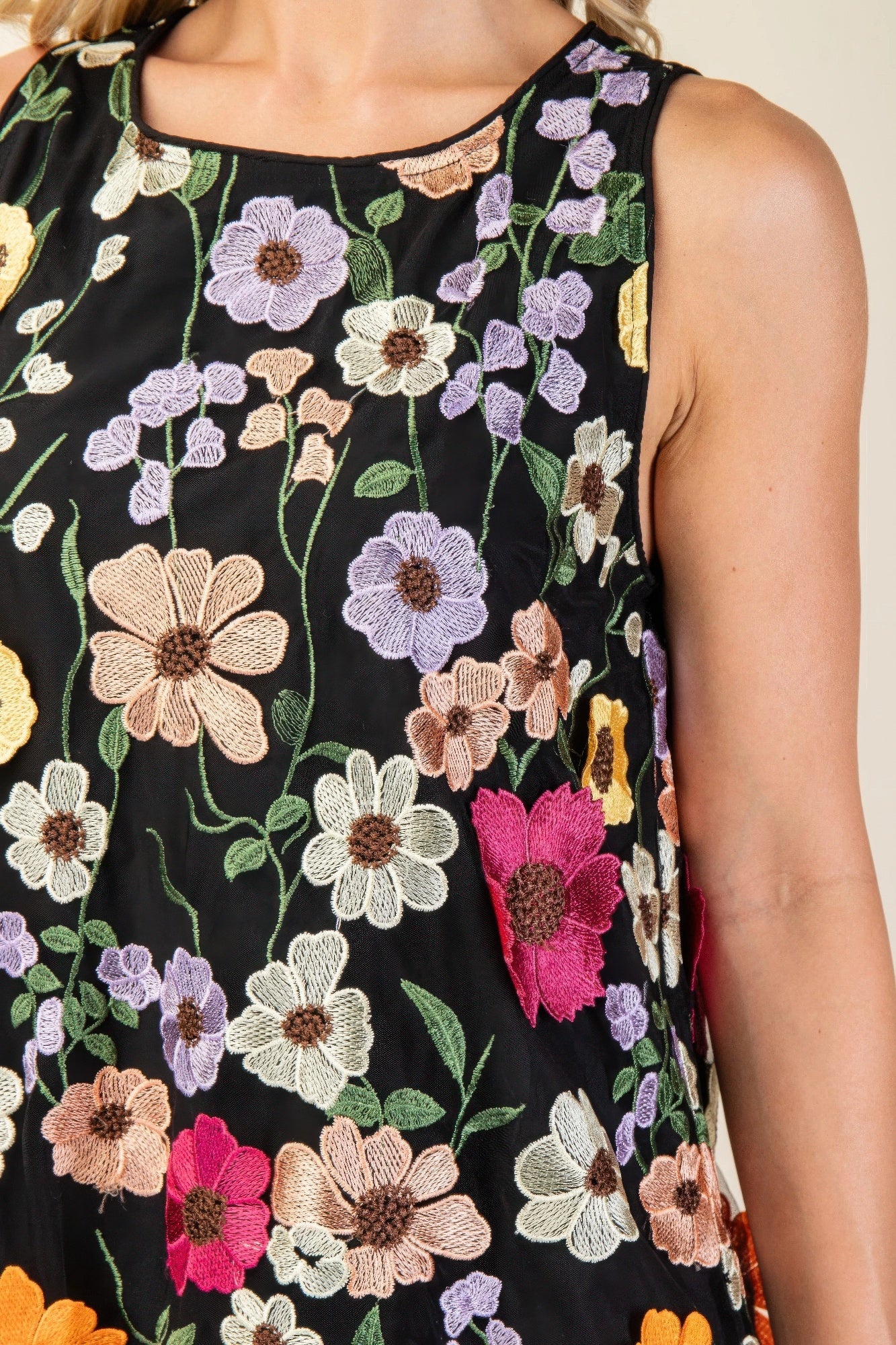 3d Floral Embroidered Sleeveless Mini Dress - Tigbul's Variety Fashion Shop