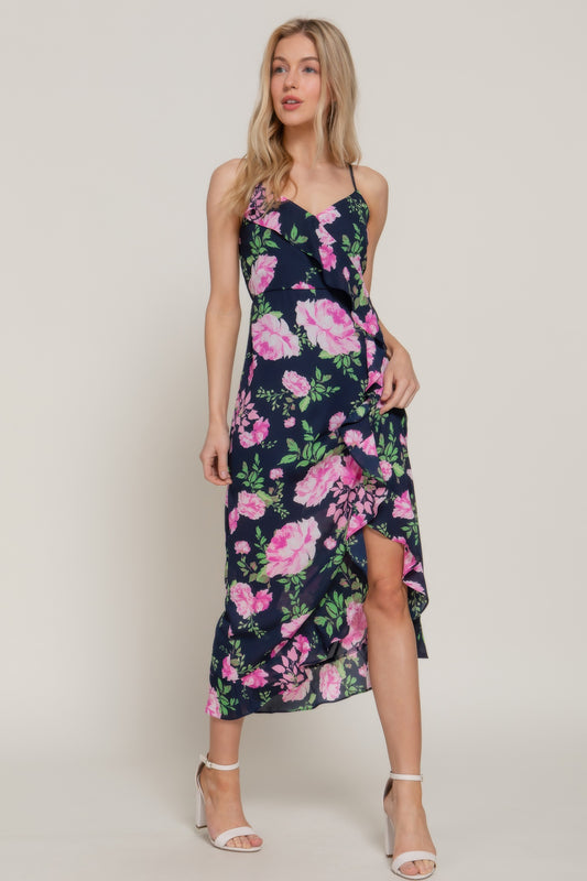 Floral Print Ruffle Slip Midi Dress - Tigbul's Variety Fashion Shop