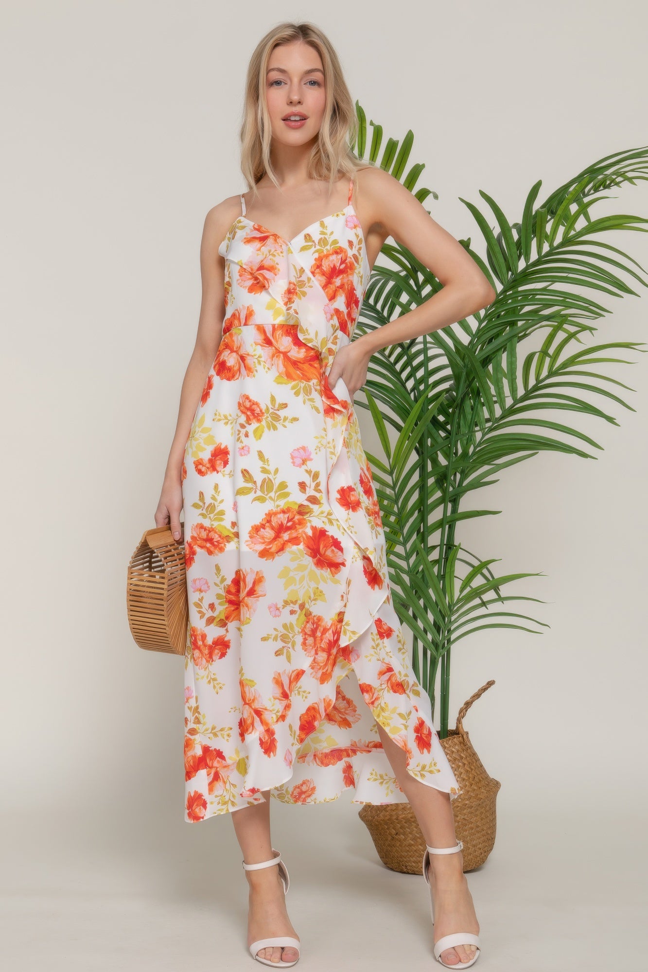 Floral Print Ruffle Slip Midi Dress - Tigbul's Variety Fashion Shop