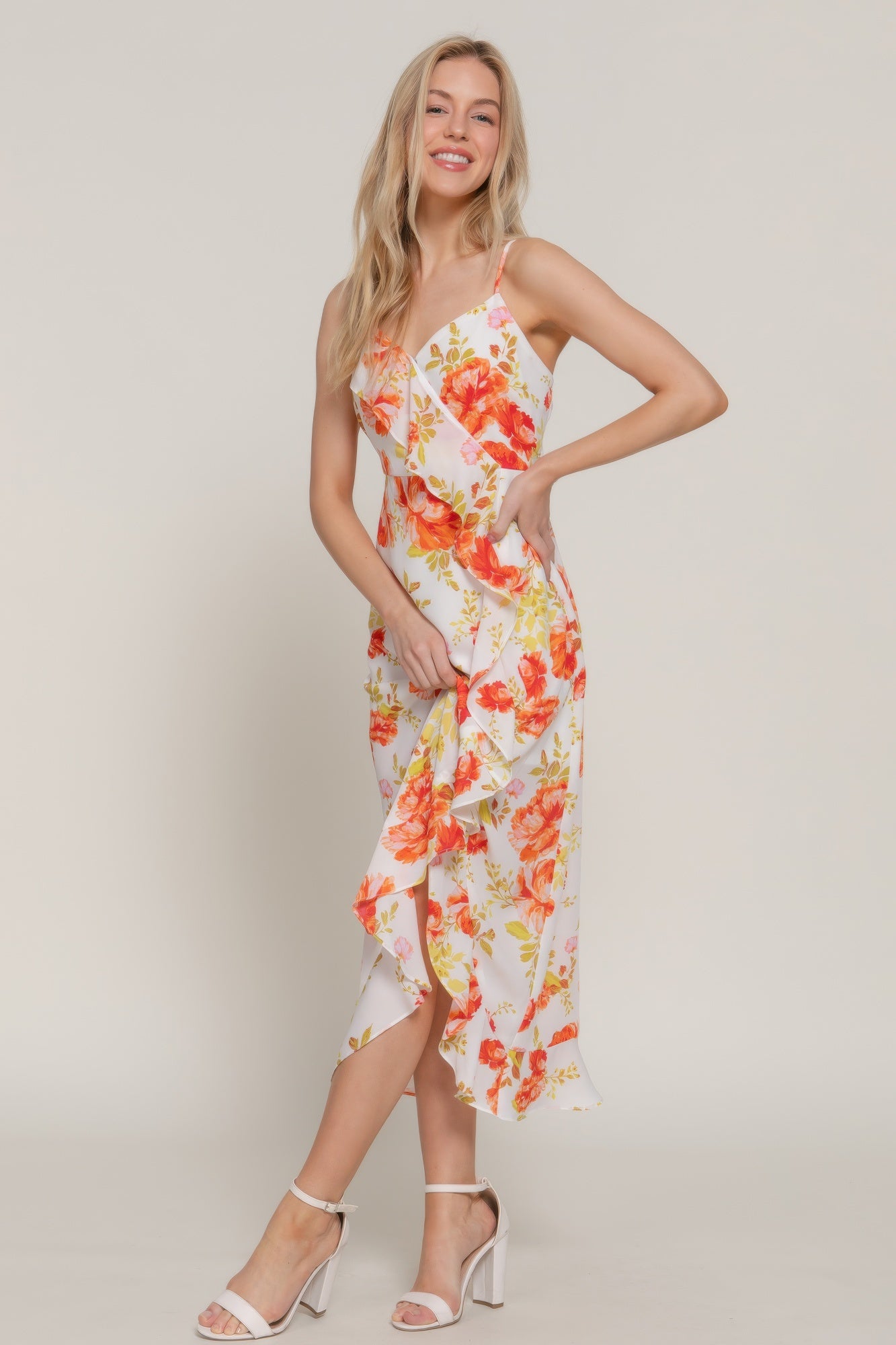 Floral Print Ruffle Slip Midi Dress - Tigbul's Variety Fashion Shop