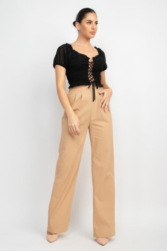 Back Shirred Ruffled Lace-up Crop Top - Tigbul's Variety Fashion Shop