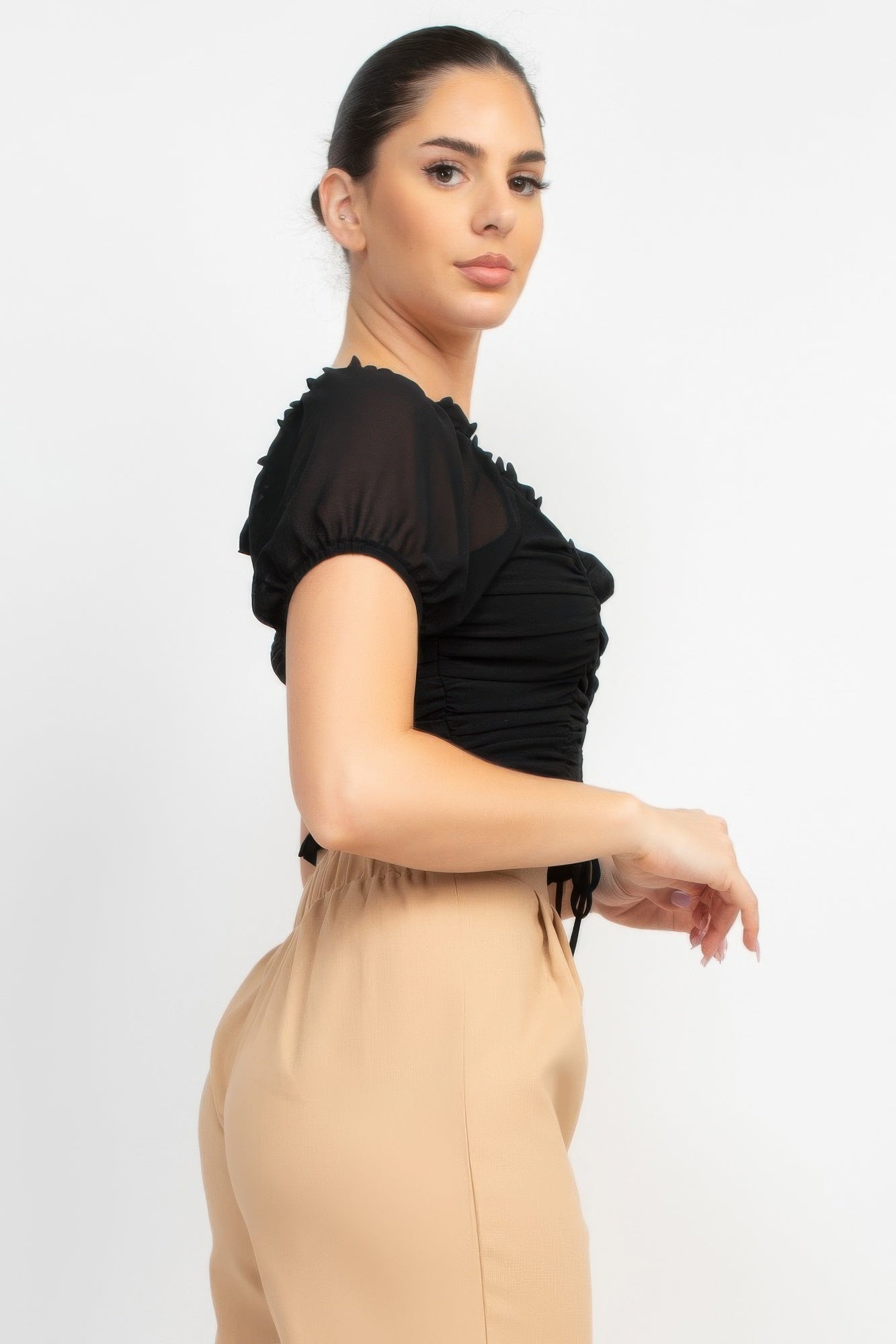 Back Shirred Ruffled Lace-up Crop Top - Tigbul's Variety Fashion Shop