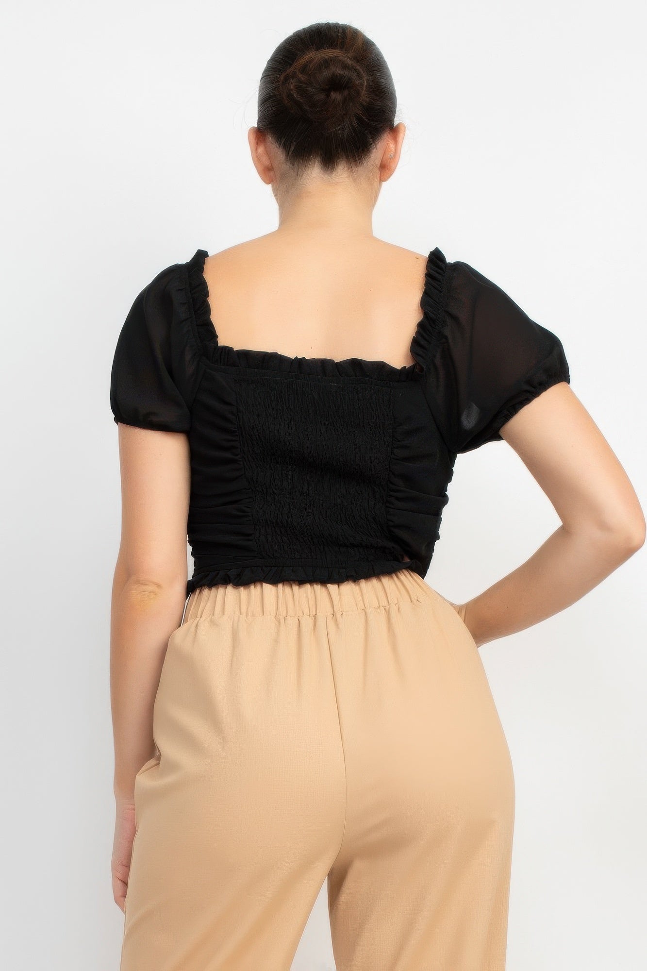 Back Shirred Ruffled Lace-up Crop Top - Tigbul's Variety Fashion Shop