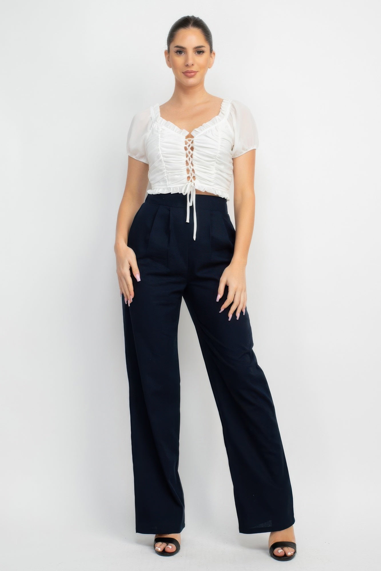 Back Shirred Ruffled Lace-up Crop Top - Tigbul's Variety Fashion Shop