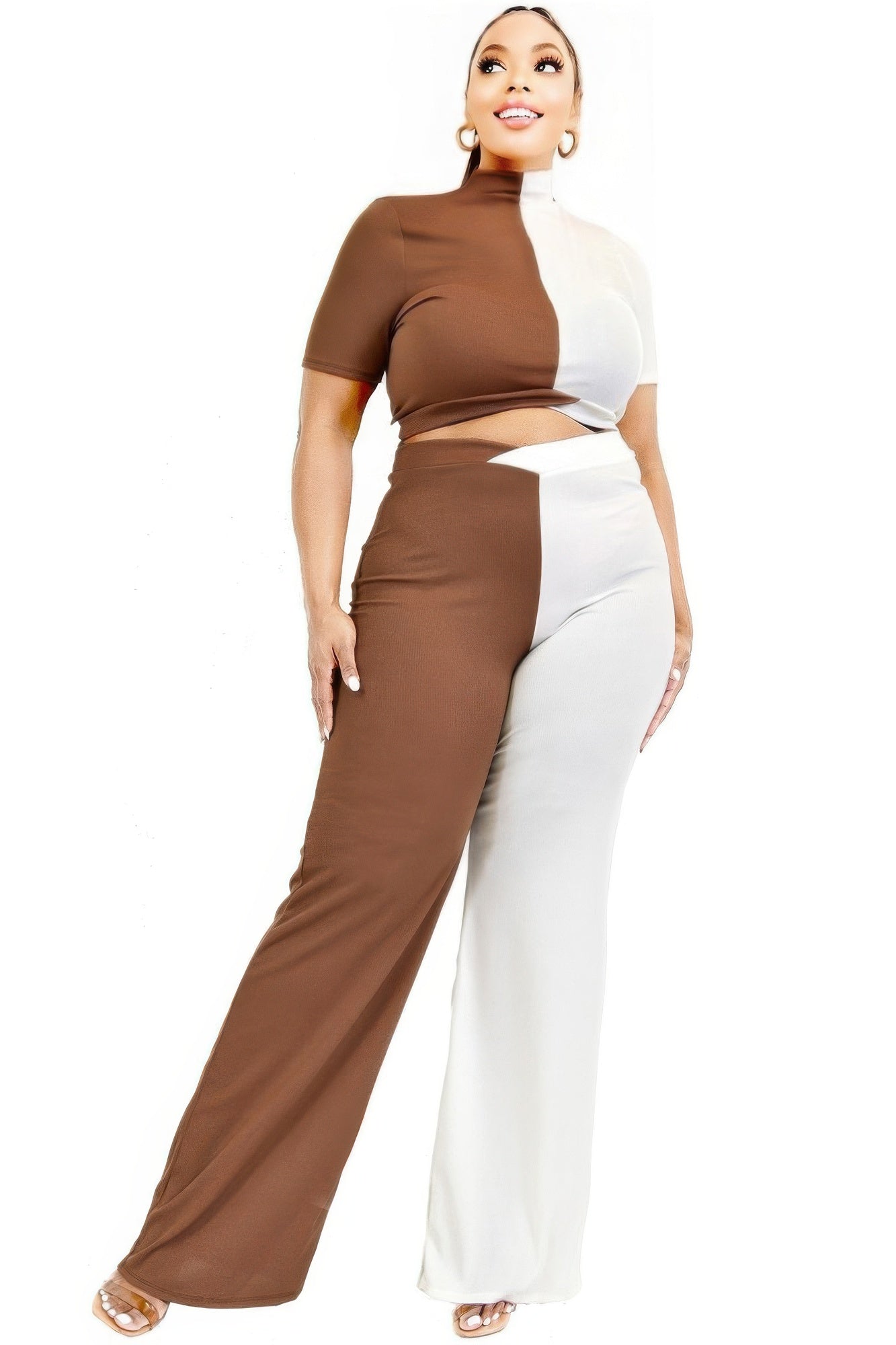 Plus Color Block Mock Neck 2 Piece Pants Set - Tigbul's Variety Fashion Shop