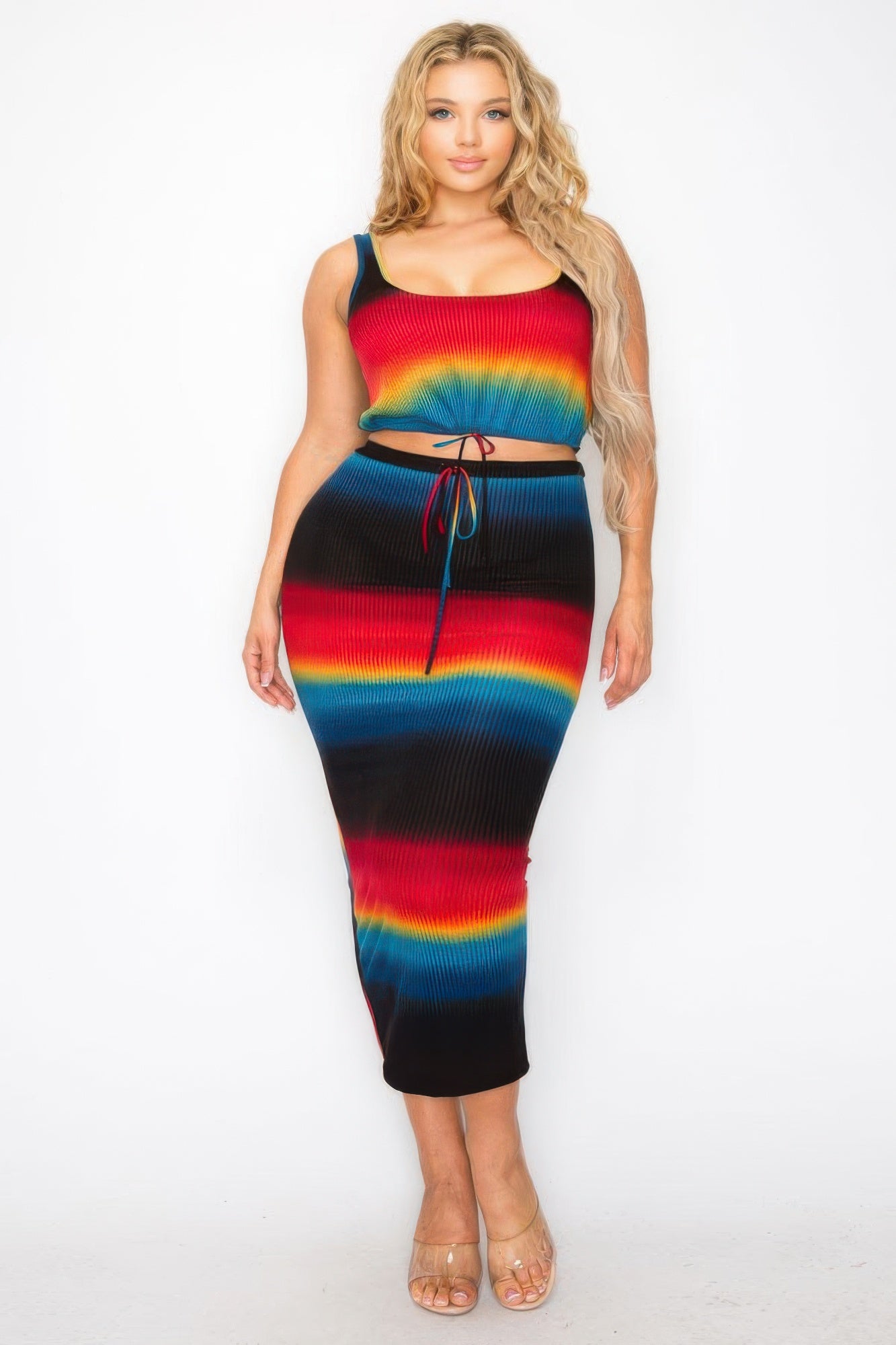 Plus Sleeveless Tie Dye Stripe 2 Piece Skirt Set - Tigbul's Variety Fashion Shop