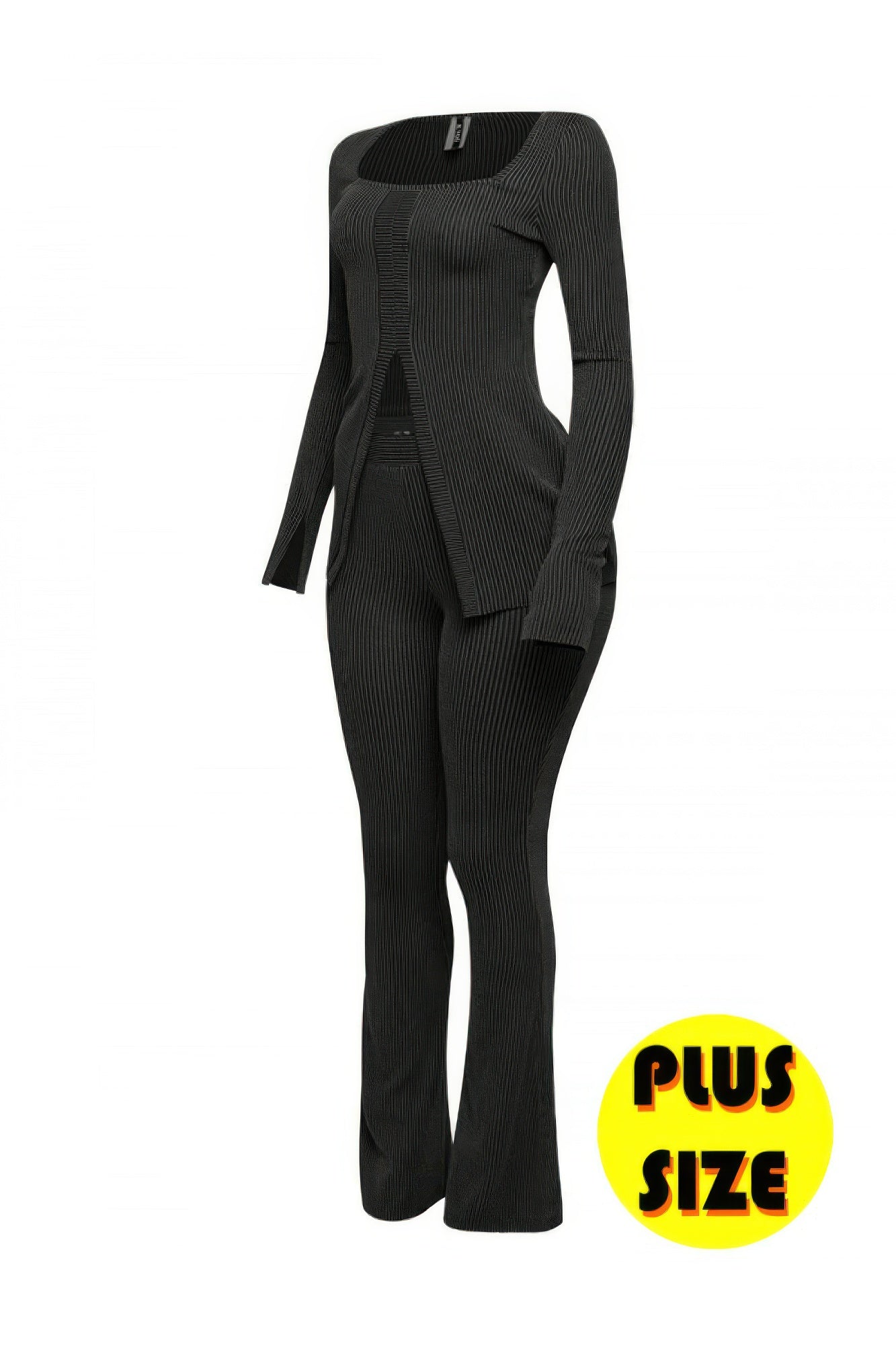 Plus Size Ribbed Pant Set With Slit Detail - Tigbul's Variety Fashion Shop