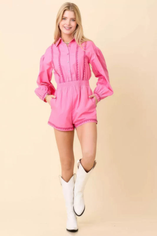 Long Sleeve Romper With Contrasting Scallop Lace - Tigbul's Variety Fashion Shop