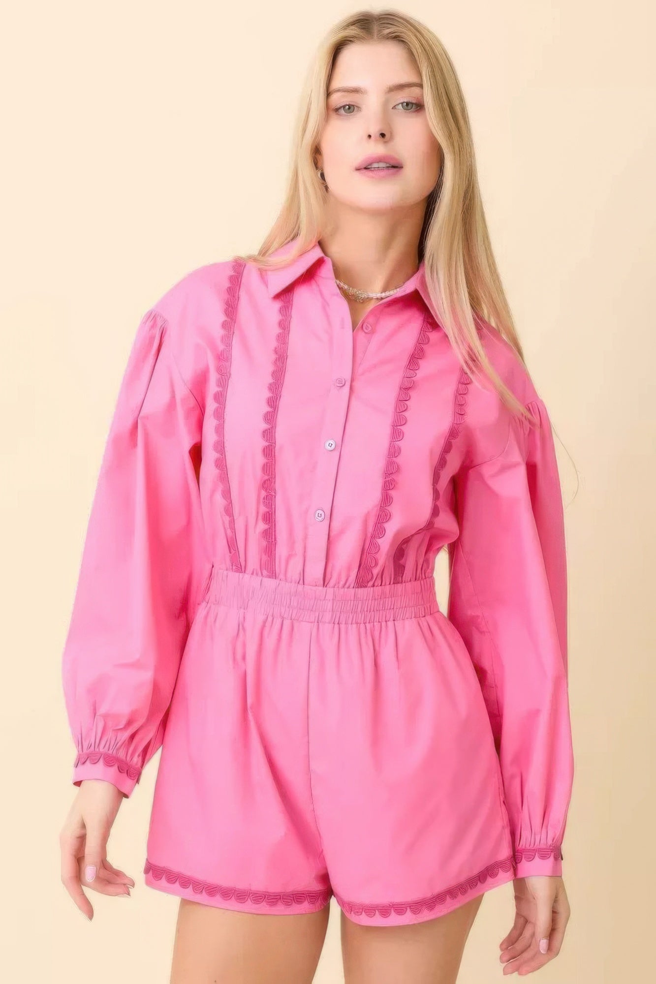 Long Sleeve Romper With Contrasting Scallop Lace - Tigbul's Variety Fashion Shop