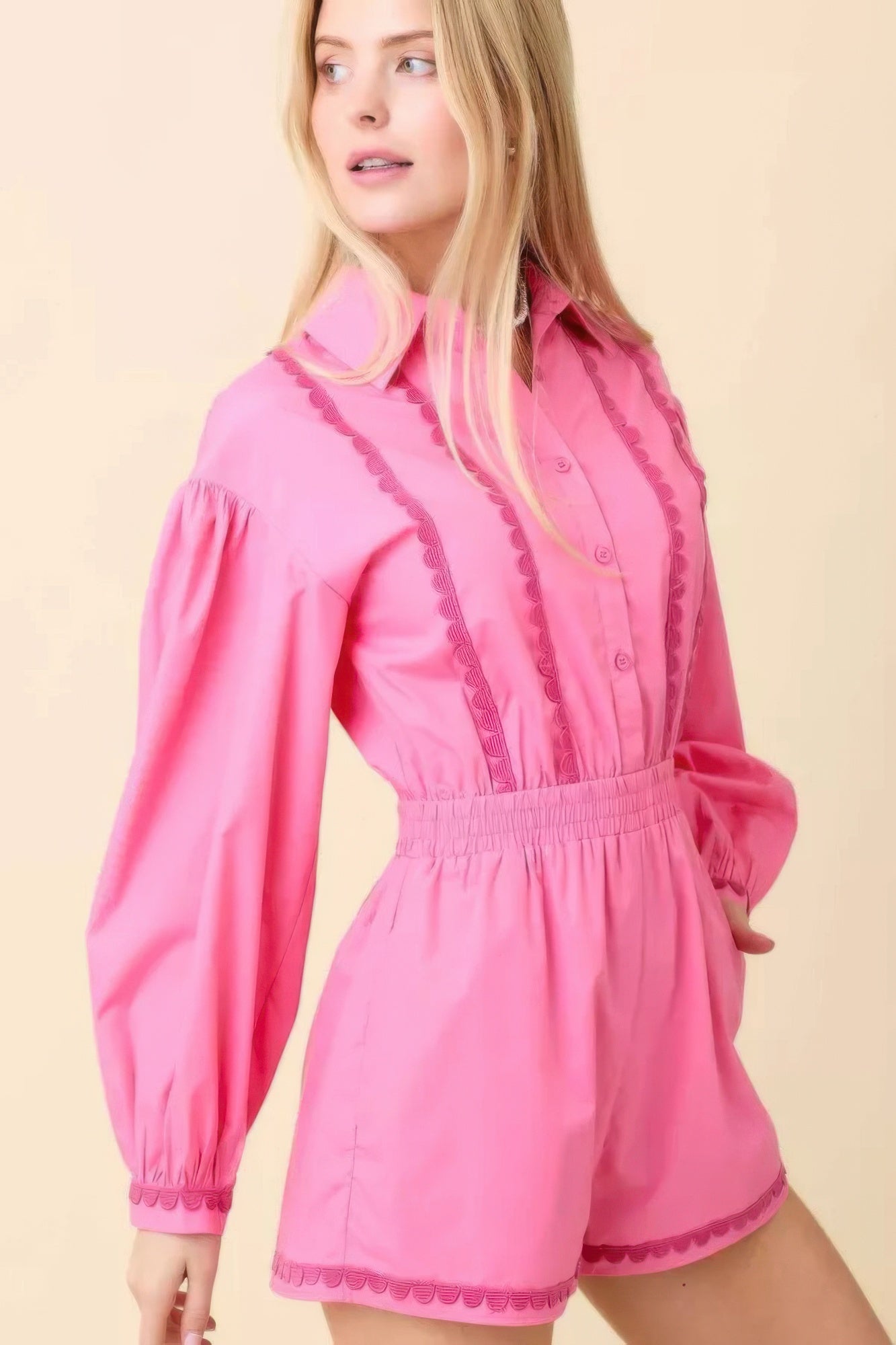 Long Sleeve Romper With Contrasting Scallop Lace - Tigbul's Variety Fashion Shop