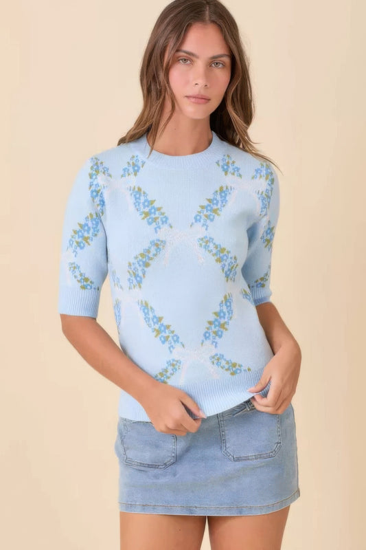 Floral Ribbon Print Sweater Knit Top - Tigbul's Variety Fashion Shop
