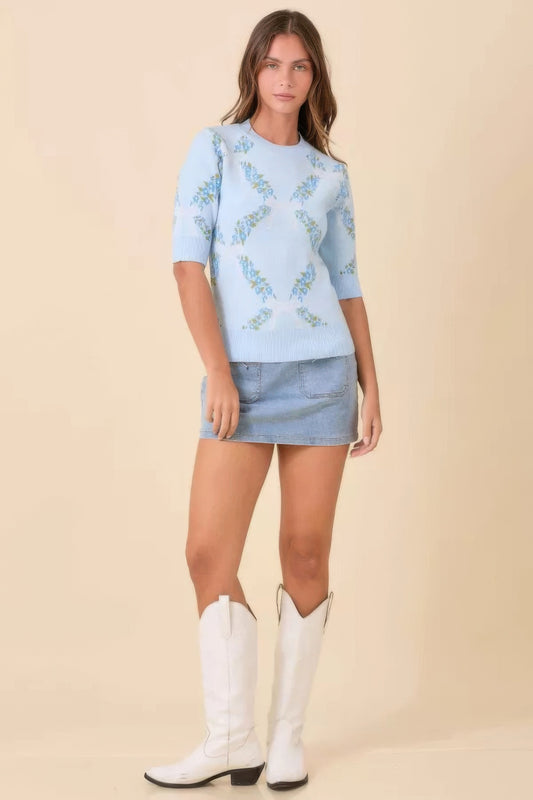 Floral Ribbon Print Sweater Knit Top - Tigbul's Variety Fashion Shop