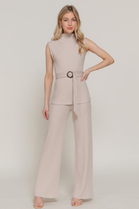 Sleeveless Mock Neck Waist Belt Rib Knit Top - Tigbul's Variety Fashion Shop