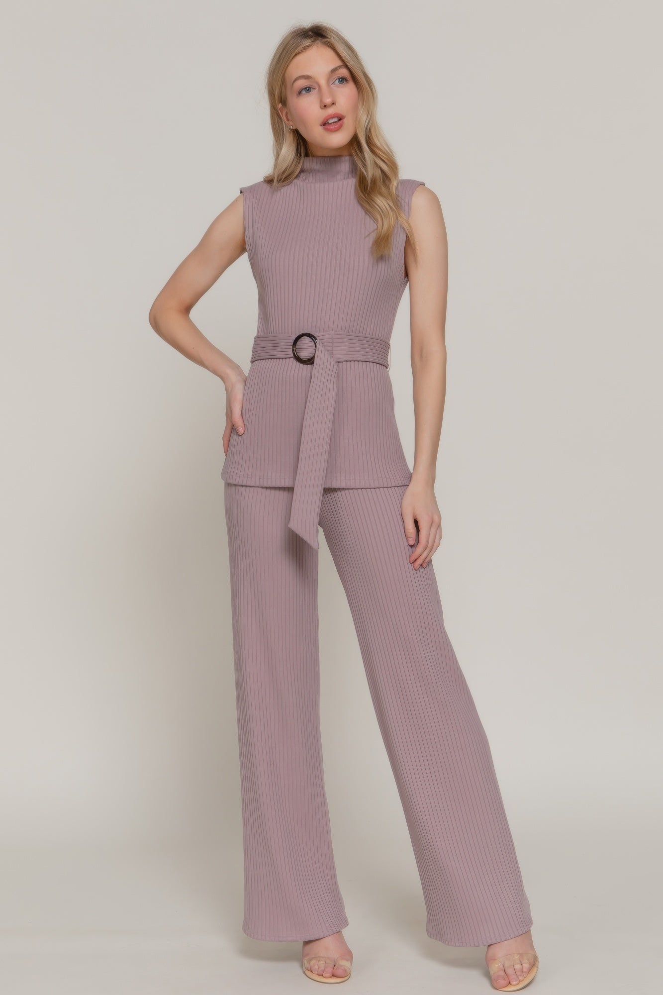 Sleeveless Mock Neck Waist Belt Rib Knit Top - Tigbul's Variety Fashion Shop
