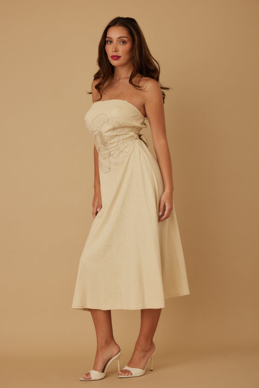 Linen Flower Pattern Strapless Dress - Tigbuls Variety Fashion Shop