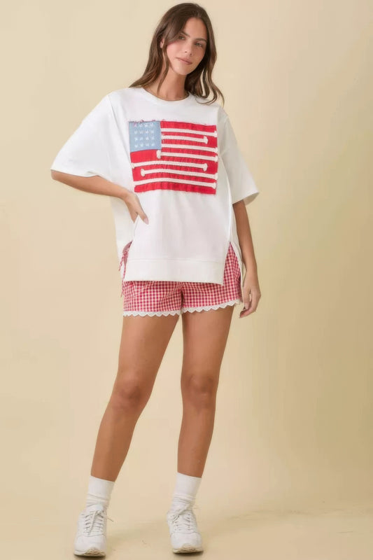 Boxy Wide Top With American Flag Patchwork - Tigbul's Variety Fashion Shop