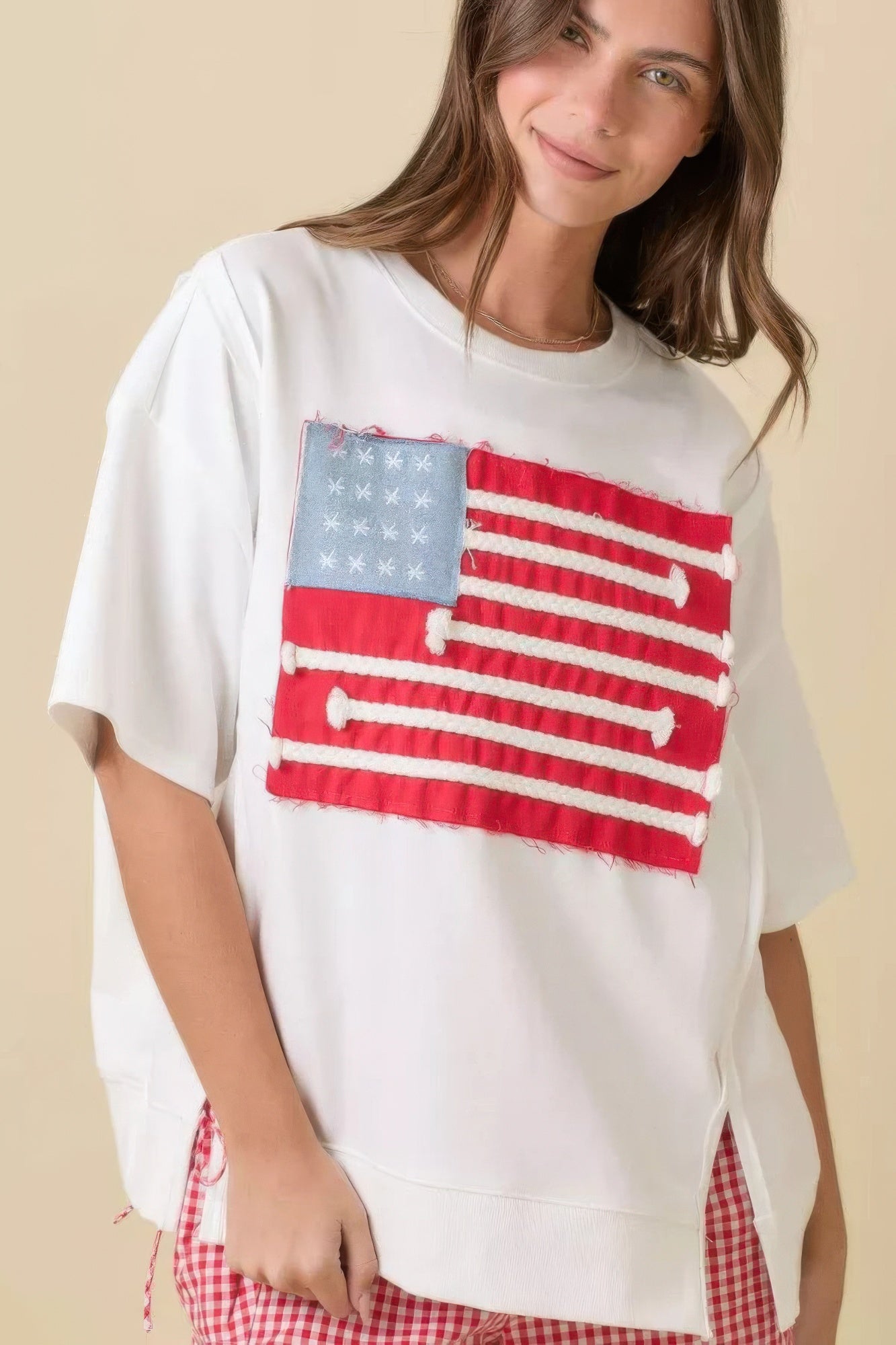 Boxy Wide Top With American Flag Patchwork - Tigbul's Variety Fashion Shop
