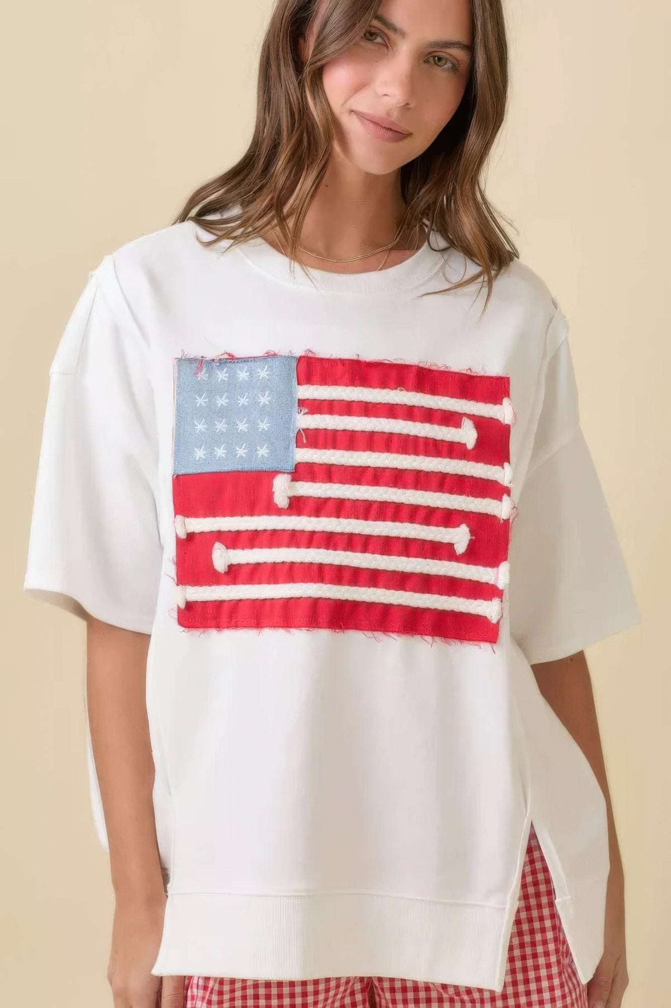 Boxy Wide Top With American Flag Patchwork - Tigbul's Variety Fashion Shop
