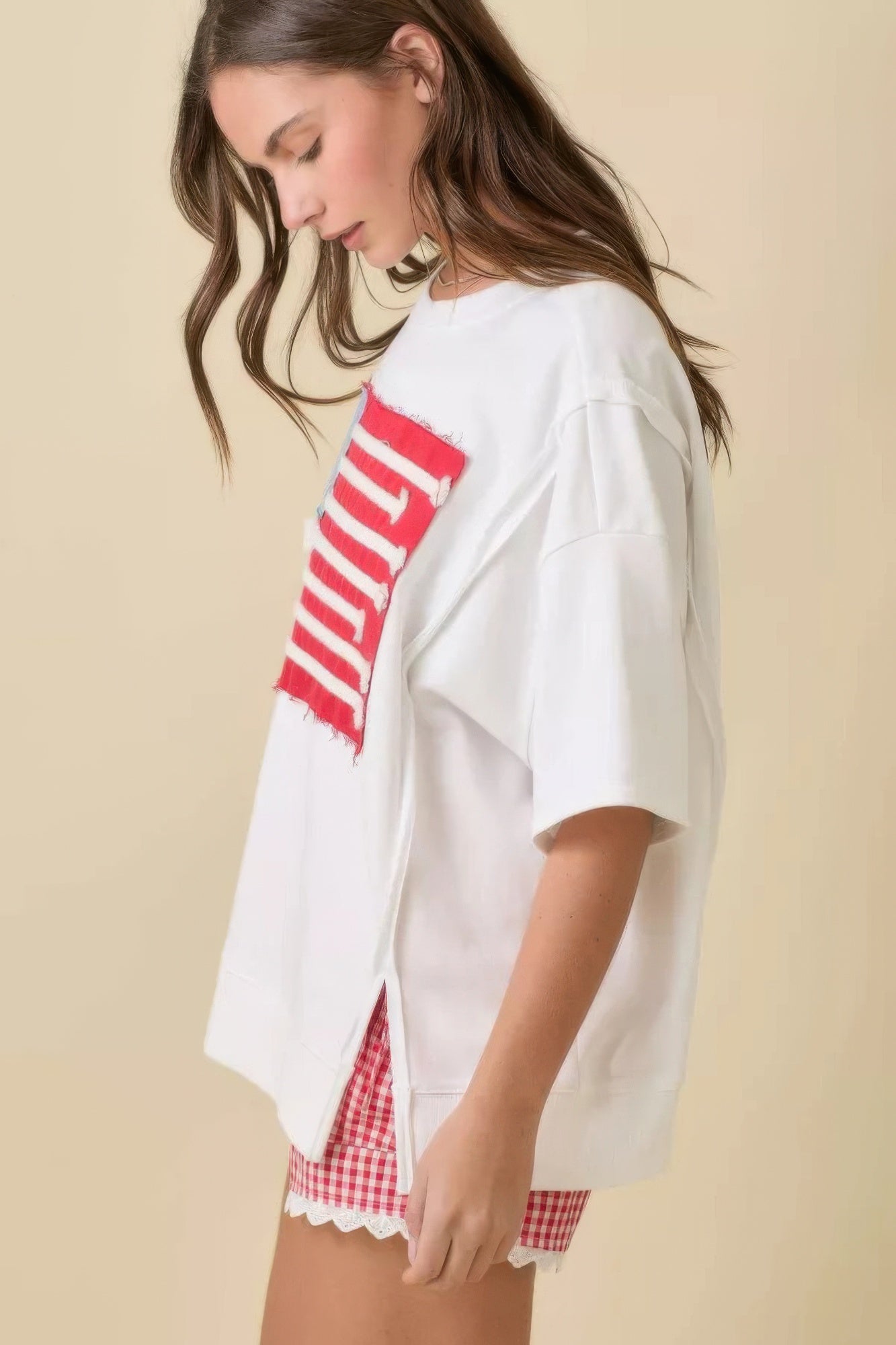 Boxy Wide Top With American Flag Patchwork - Tigbul's Variety Fashion Shop