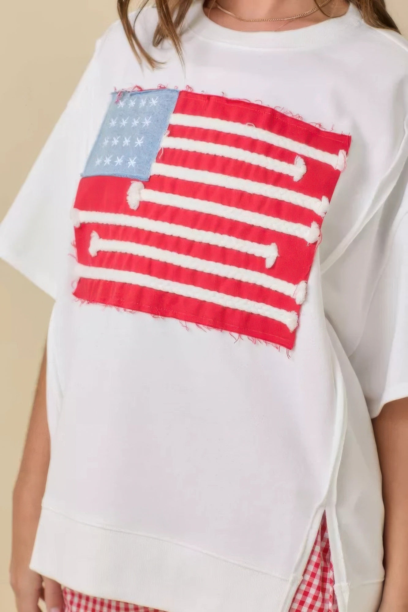 Boxy Wide Top With American Flag Patchwork - Tigbul's Variety Fashion Shop
