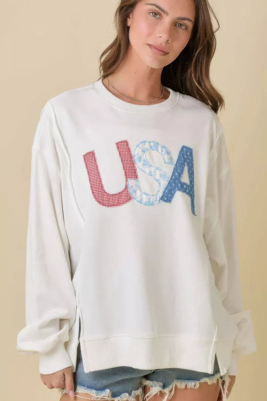 4th Of July Usa Patchwork Crewneck Long Sleeve Top - Tigbul's Variety Fashion Shop