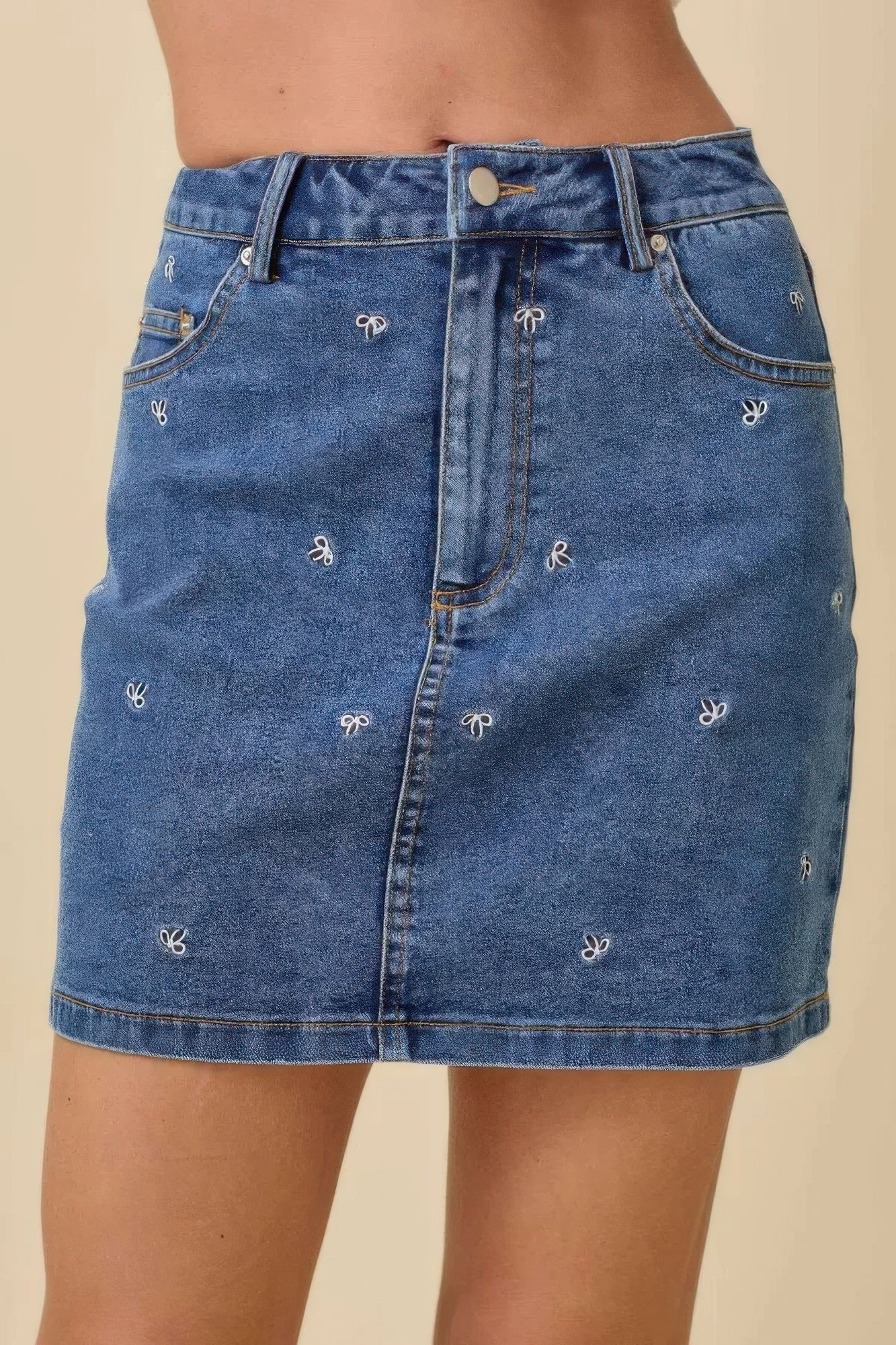 Mini Denim Skirt With All Over Ribbon Bow - Tigbul's Variety Fashion Shop