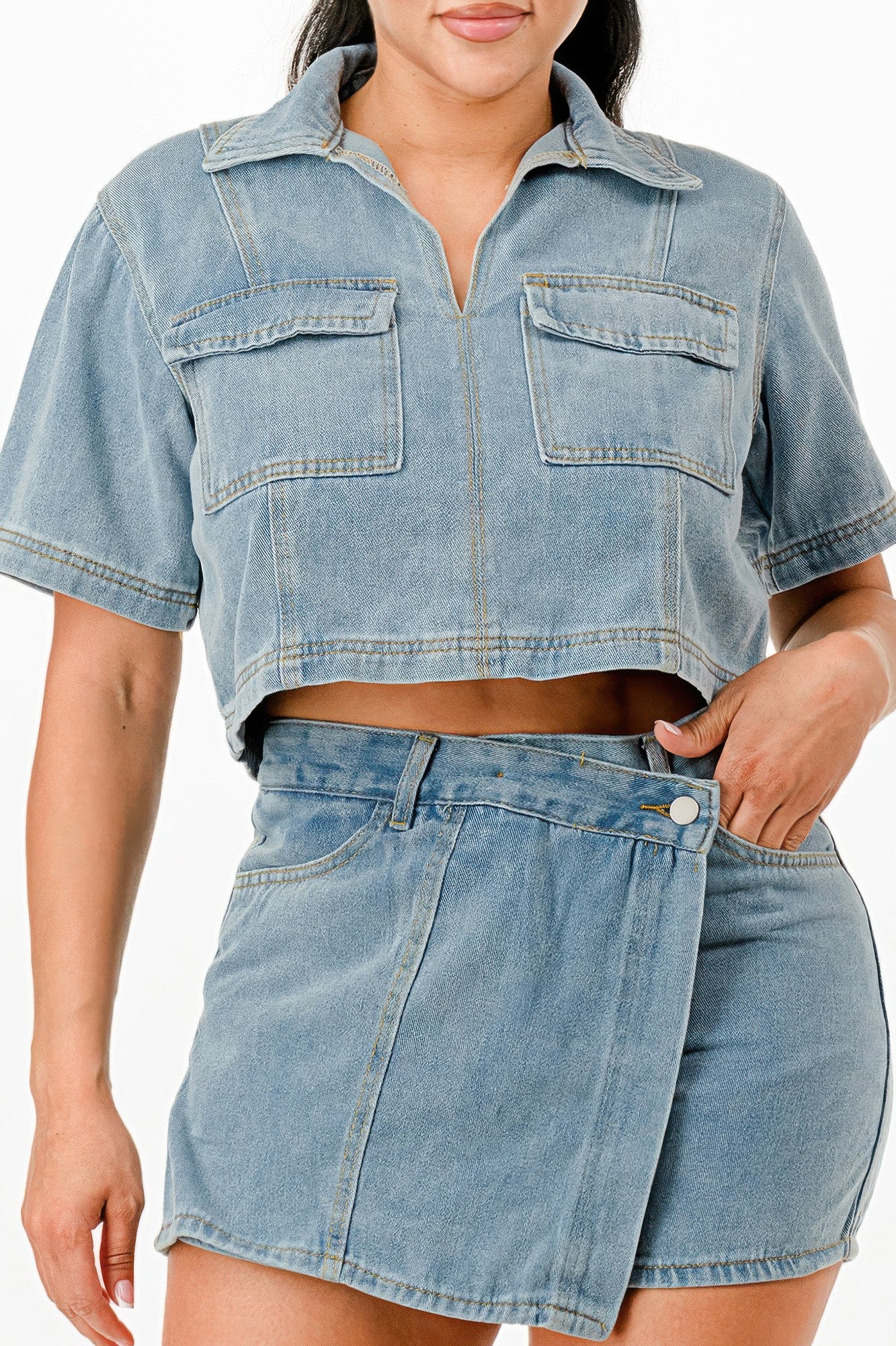 Cropped Denim Shirt And Skort Set - Tigbul's Variety Fashion Shop