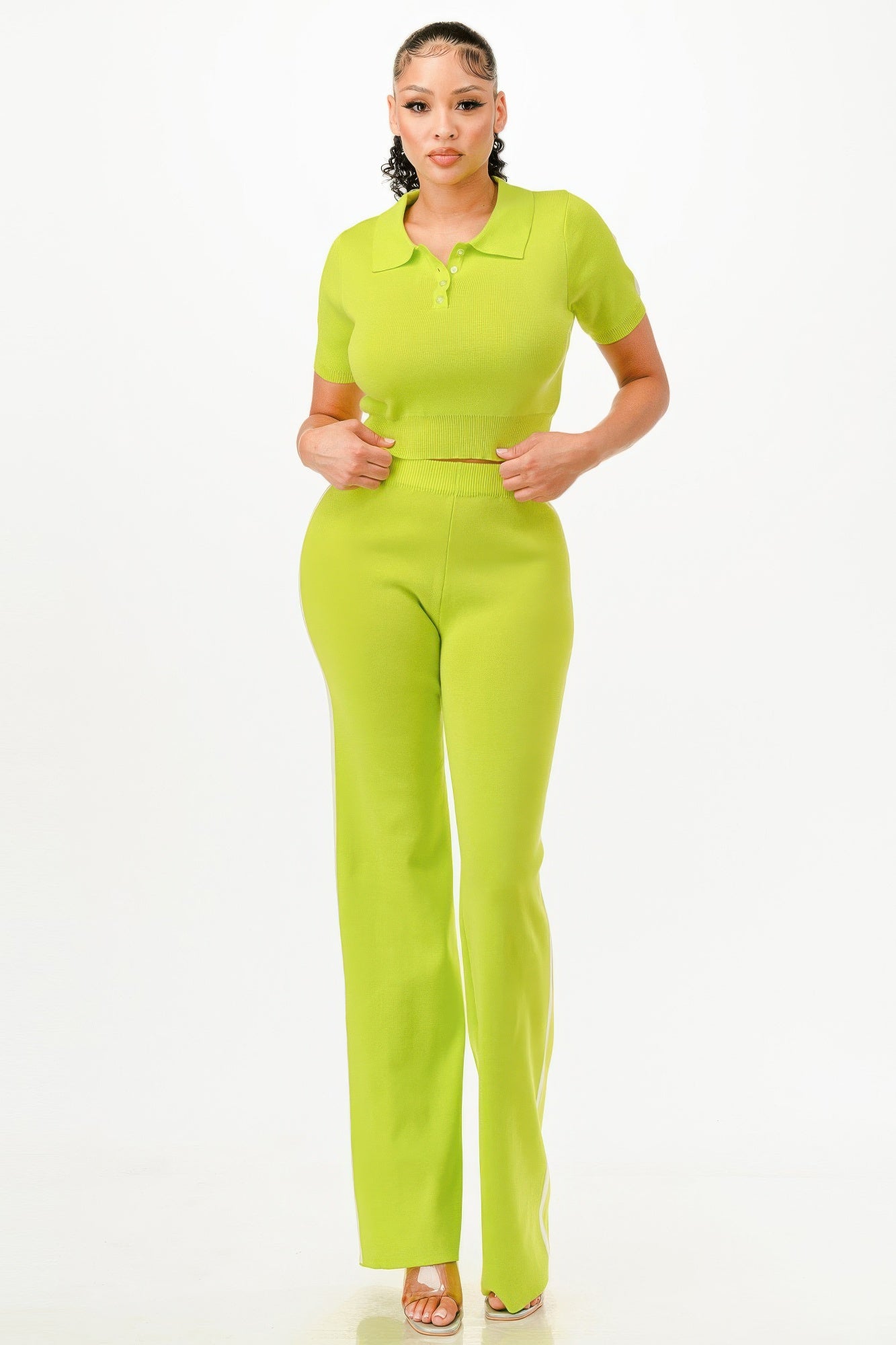 Cropped Polo Sweater Shirt And Pants Set - Tigbul's Variety Fashion Shop