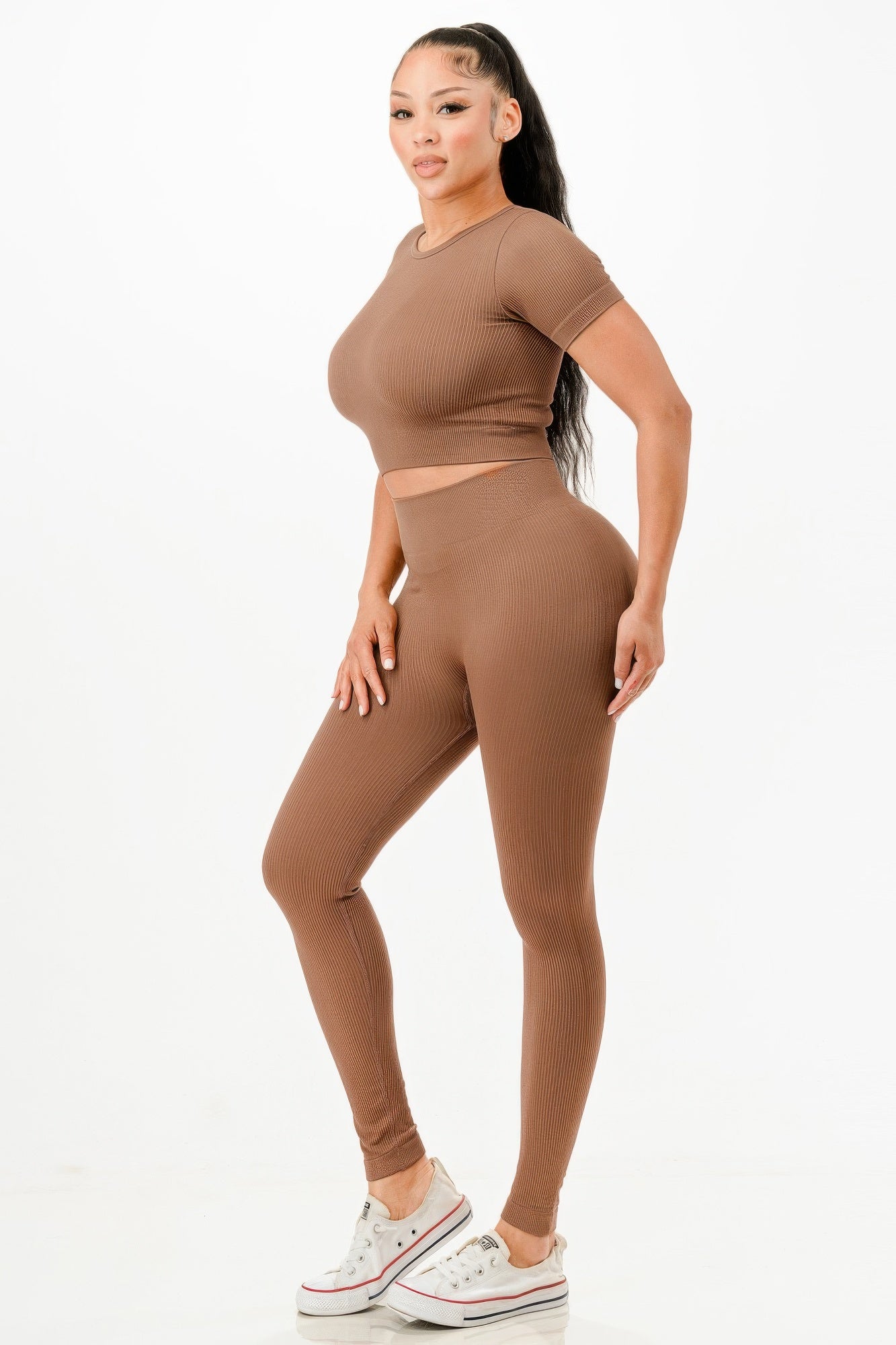 Ribbed Seamless T-shirt And Leggings Set - Tigbul's Variety Fashion Shop