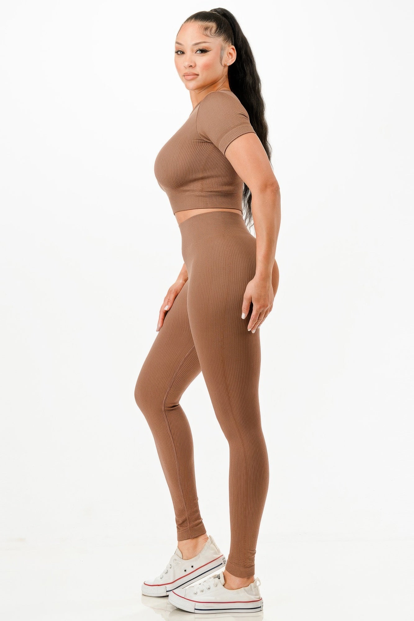 Ribbed Seamless T-shirt And Leggings Set - Tigbul's Variety Fashion Shop