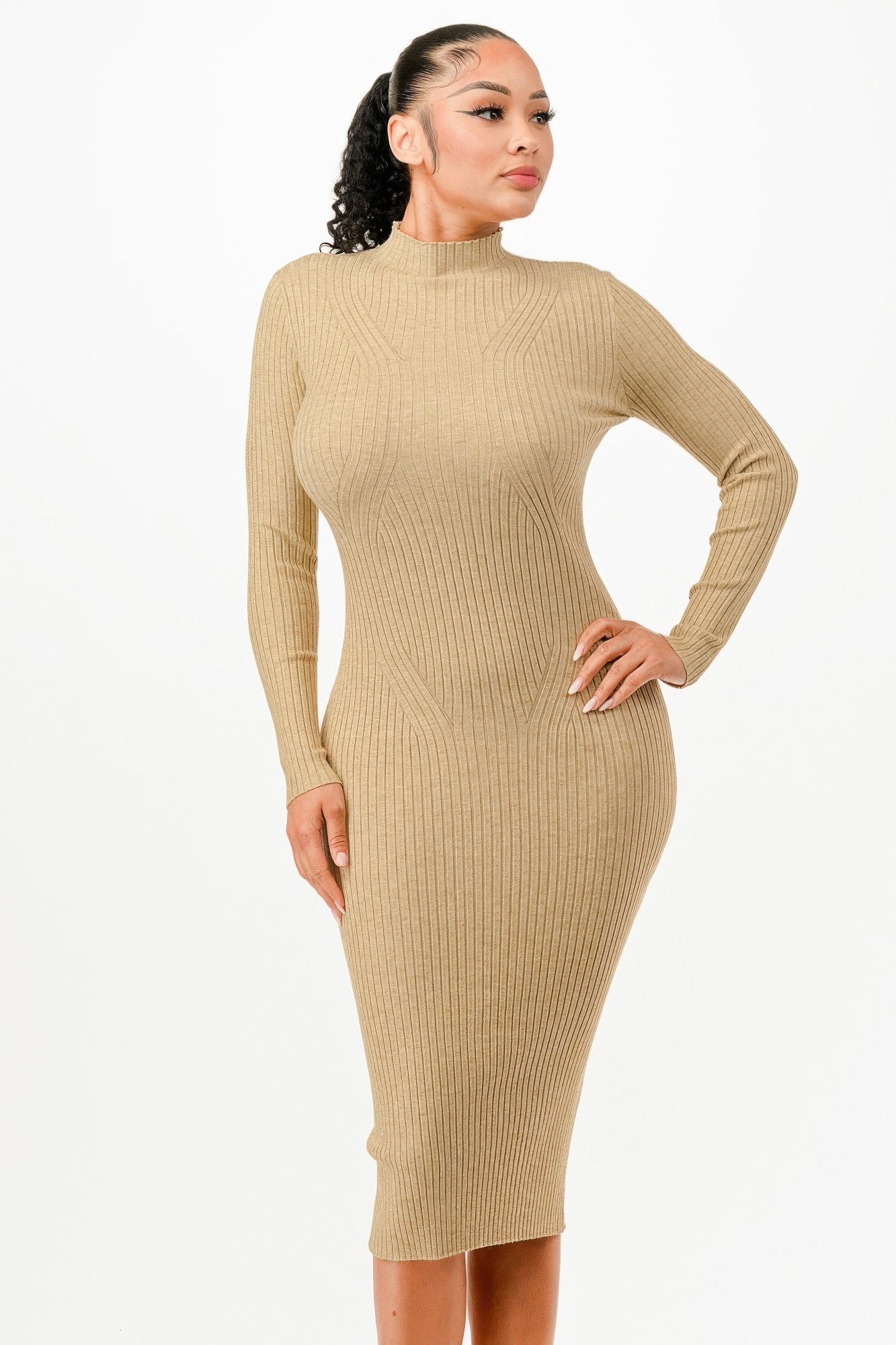 Stand Collar Sweater Bodycon Dress - Tigbul's Variety Fashion Shop