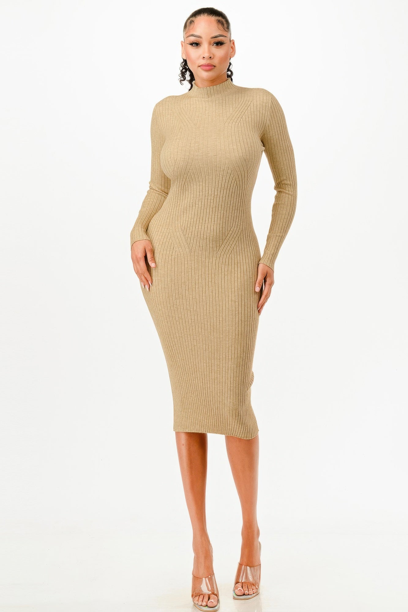Stand Collar Sweater Bodycon Dress - Tigbul's Variety Fashion Shop